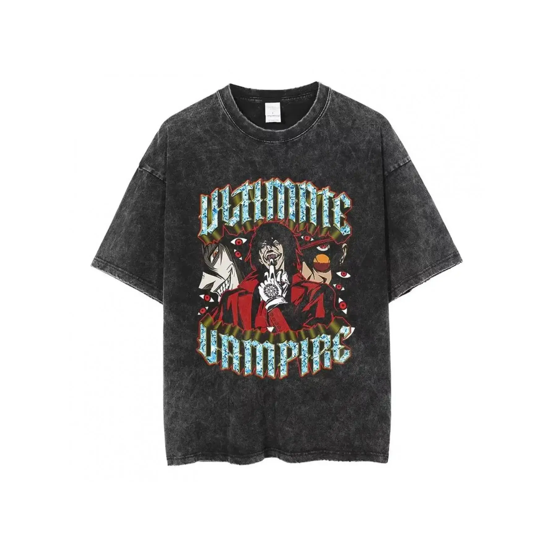 Men's Oversized Vintage Washed Knit Round Neck Shortsleeve T-Shirt - Hellsing Alucard Vampire Print with Letters, Gothic Streetwear, Stretch Menswear, Casual Classic Top, Machine Washable