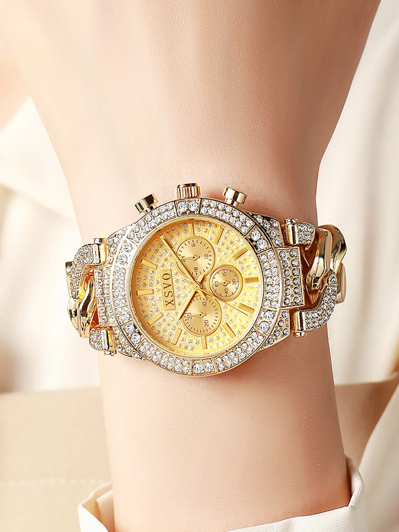 Xsvo Women's Watch, Full Diamond Three-Eye Design, Luxury Hip-Hop Style, Fashion Quartz Watch, Cuban Steel Band, Silver Color, Rose Gold, All Seasons, Quartz Wrist Watches