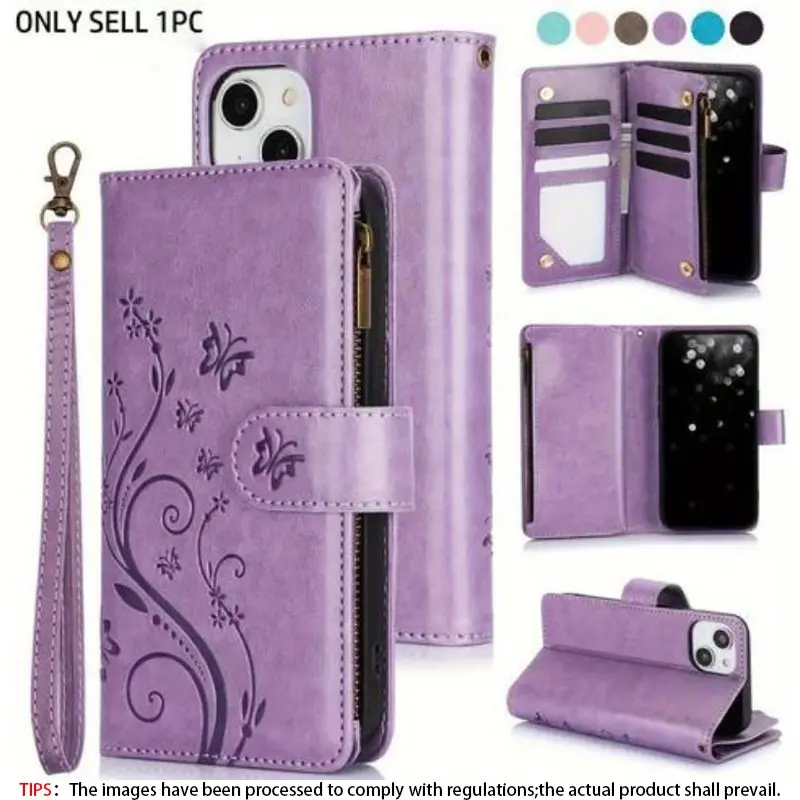 PU Leather Wallet Protective Case, Butterfly Flower Design, Zipper Closure, Compatible With Multiple iPhone Models Including 17 Pro Max, 17 Air, 16E, 16, 15, 14, 13, 12 Mini, 11 Pro, X, XS Max, XR, 8, 7 Plus, SE