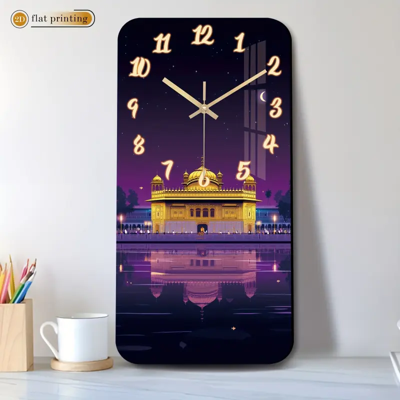 1pc acrylic rectangular silent wall clock, Decorative clock, Wall Art Clock, 2D flat print clock, modern style, Temple night scene wall clock, suitable for dining room and kitchen decoration, Christmas decoration and gift (AA batteries not included)