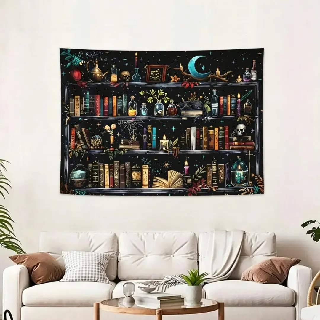 1-piece vintage magic bookshelf pattern print, large-sized tapestry / ultra-fine fiber material, background fabric, wall covering, headboard decoration, dorm room hanging cloth, suitable for all seasons