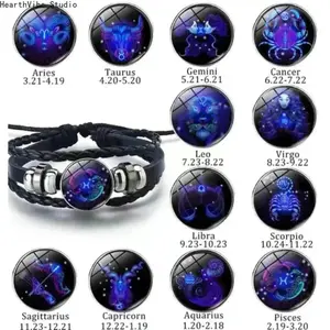 Zodiac Signs Spirit Bracelet, Glow-in-the-Dark Black Leather Constellation Wrap Bracelet