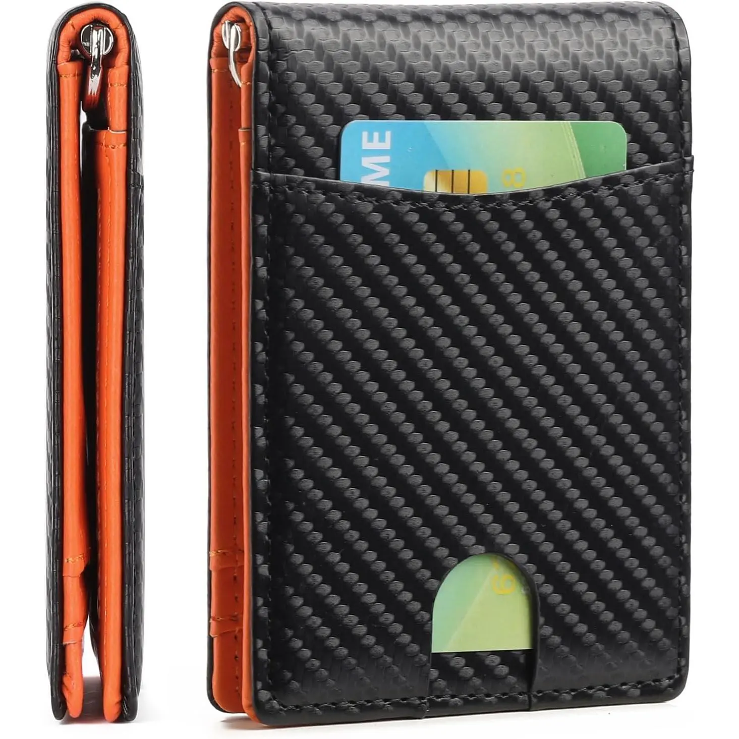 Men's Minimalist Leather Slim Bifold RFID Blocking Card Holder Wallet - Carbon Fiber Accent, Front Pockets, Money Clip, Travel Size, Male Business & Outdoors Accessory (Sports & Outdoor Camping & Hiking Bags & Packs Add-on), Secure, Card Slots, Anti-Theft
