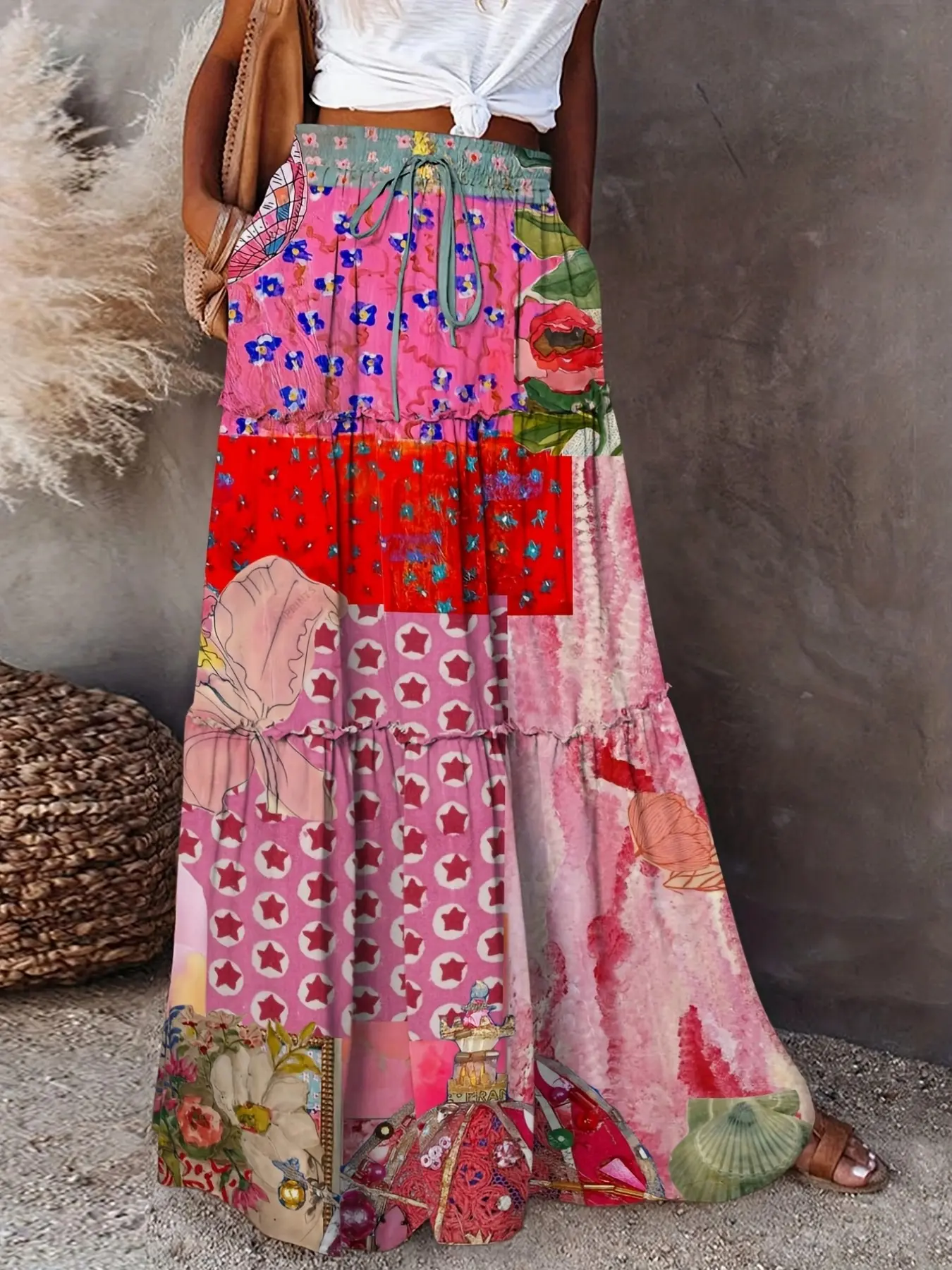Boho Bohemian Print Pattern High Waist Adjustable Drawstring Midi Skirt, Summer Beach Vacation Dress, Loose Fit Multicolor Floral Long Skirt, Plus Size Casual Fairy Skirt, Vintage Boho Skirt