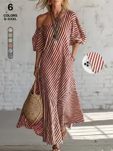 2026 Spring Summer Premium Women's Elastic Off Shoulder Striped Bohemian Maxi Dress, Short Puff Sleeve Patchwork Flowy Long Dress, Sweat-Wicking Loose Sundress for Travel Holiday Loungewear, Daily Outfit & Casual Wear