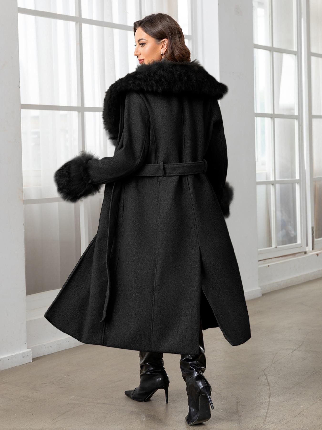 Women's Fall Winter Mid-Length Solid Color Coat, Warm Fitted Coat with Fur Collar, Waist Belt & Pockets, Casual Style, Jackets, Outerwear, Womenswear