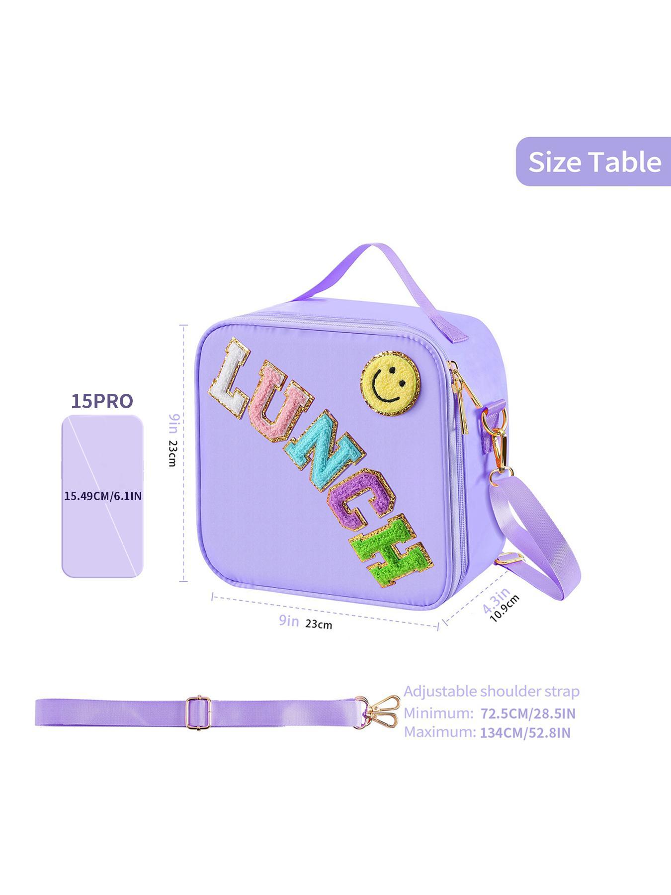Letter Decor Lunch Bag, Cute Insulated Lunch Bag with Adjustable Shoulder Strap, Nylon Lunch Bag for School Travel Picnic