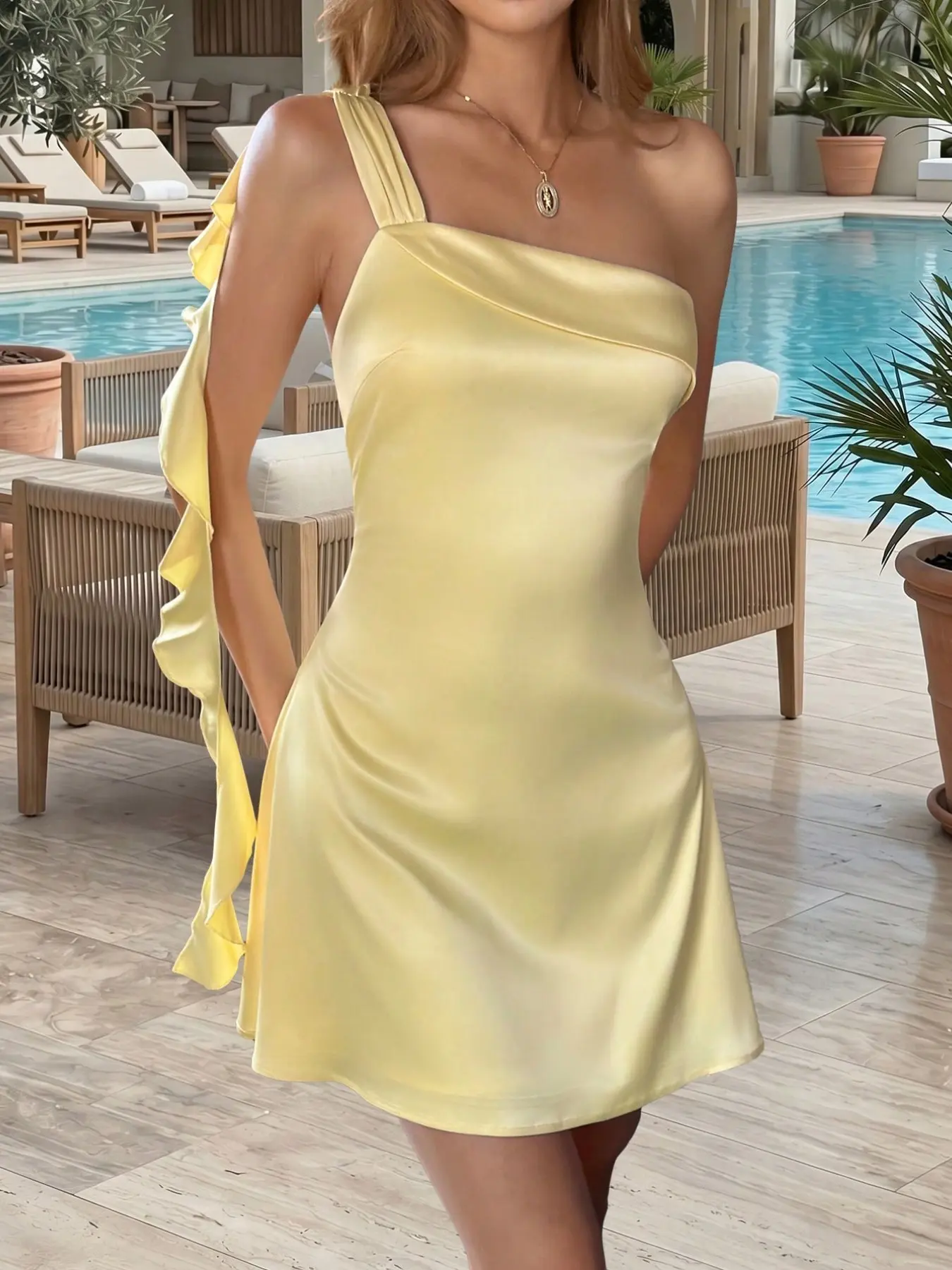 Pale Yellow Satin Mini Dress Women One Shoulder Asymmetrical Neck Slinky Slim Fit Sleeveless Short Dress Soft Silky Bodycon Slip Dress Elegant Party Clubwear Summer Going Out Date Night Chic Vacation Wedding Guest Fashion