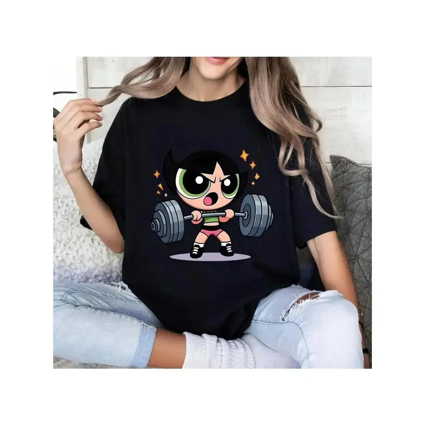 Unisex Powerpuff Girls Short-Sleeve Vintage Cotton T-Shirt - Breathable Simple Fabric, Cartoon Character Top for Weightlifters, Everyday Casual Streetwear