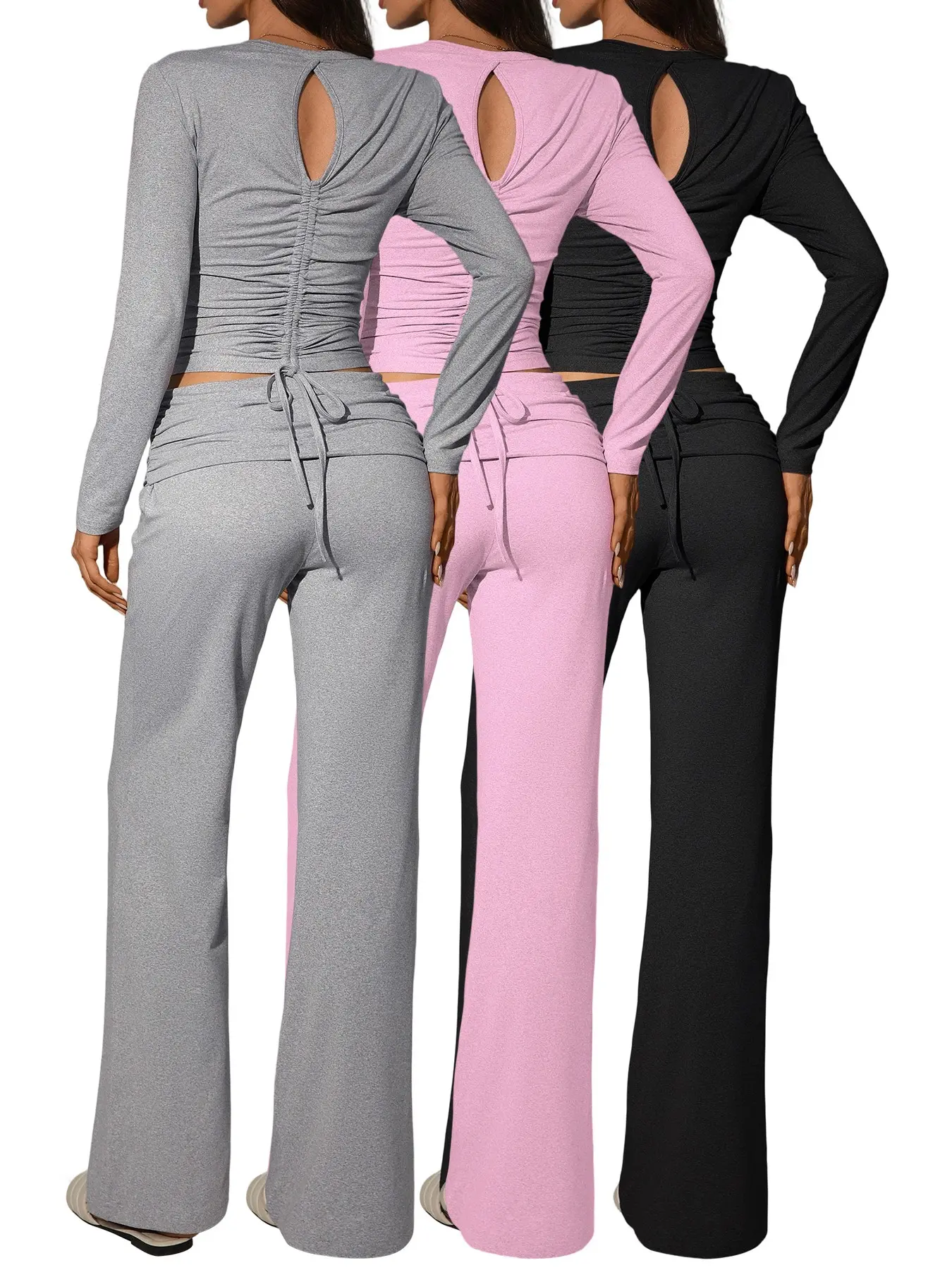 Sexy Two-Piece Knit Set, Long-Sleeved Crew-Neck Top with Back Twist, Fold-Over Elastic-Waist Flared Trousers, Casual for All Seasons