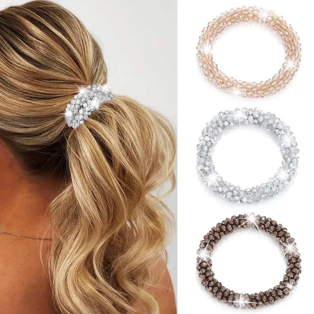 Rhinestone Hair Ties Sparkly Ponytail Holders Glitter Hair Scrunchies Rhinestone Hair Accessories for Women and Girls (Pack of 3)