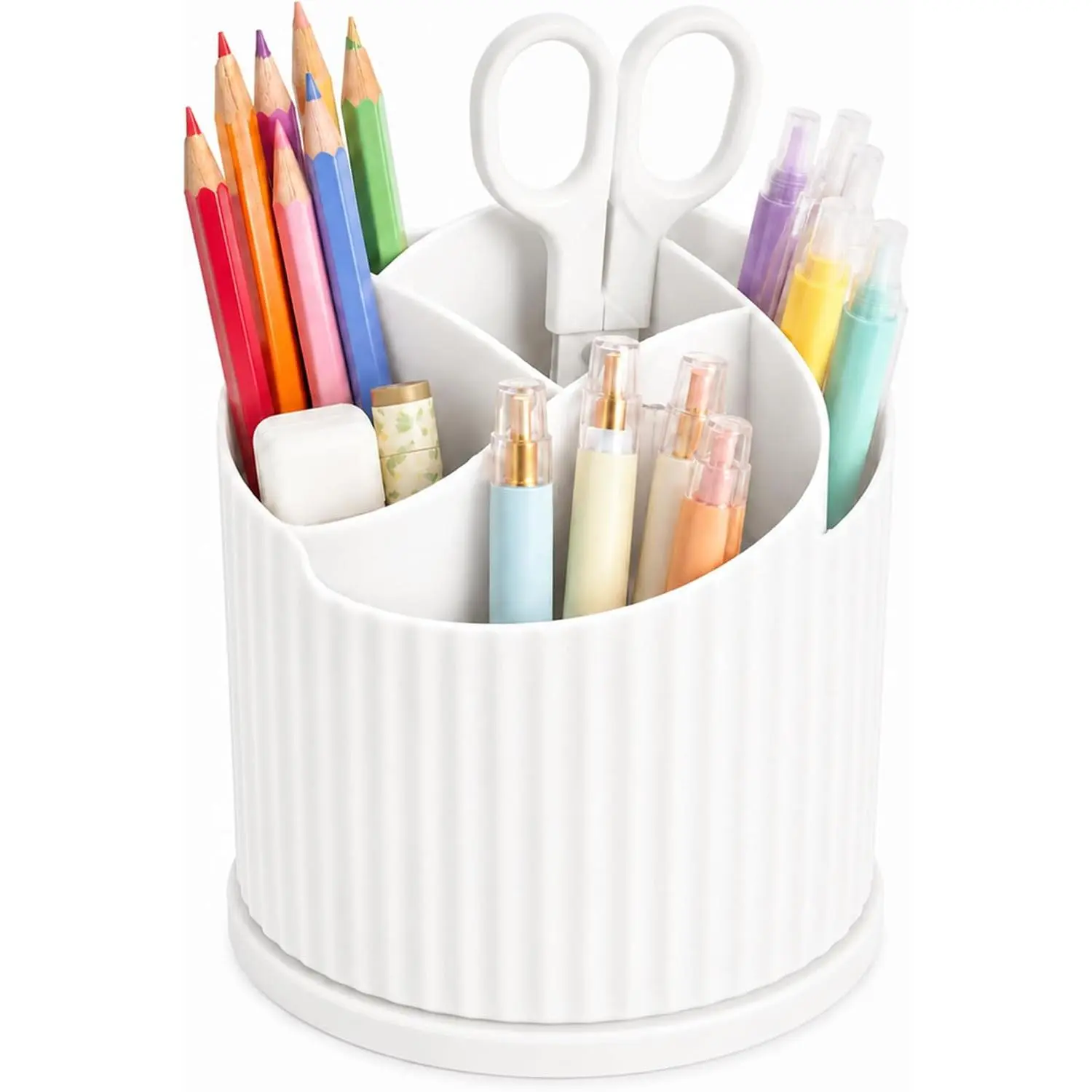 Desk Organizer, 360° Rotating Pen Holder with 5 Compartments, White | 5 Compartments, Pencil Cup, Storage Box , For , Office, School,