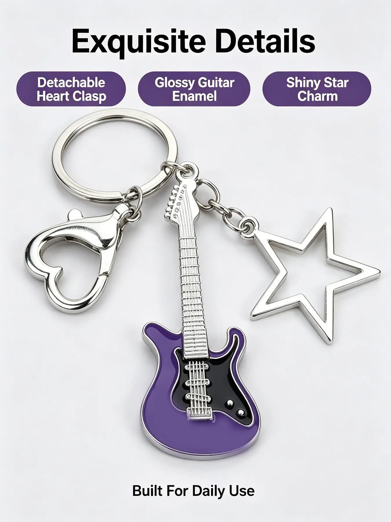 Y2K Rock Electric Guitar Star Keychain With Heart Lobster Clasp Enamel Metal Bag Charm Gift For Rock Music Fans Guitar Players Teen Girls