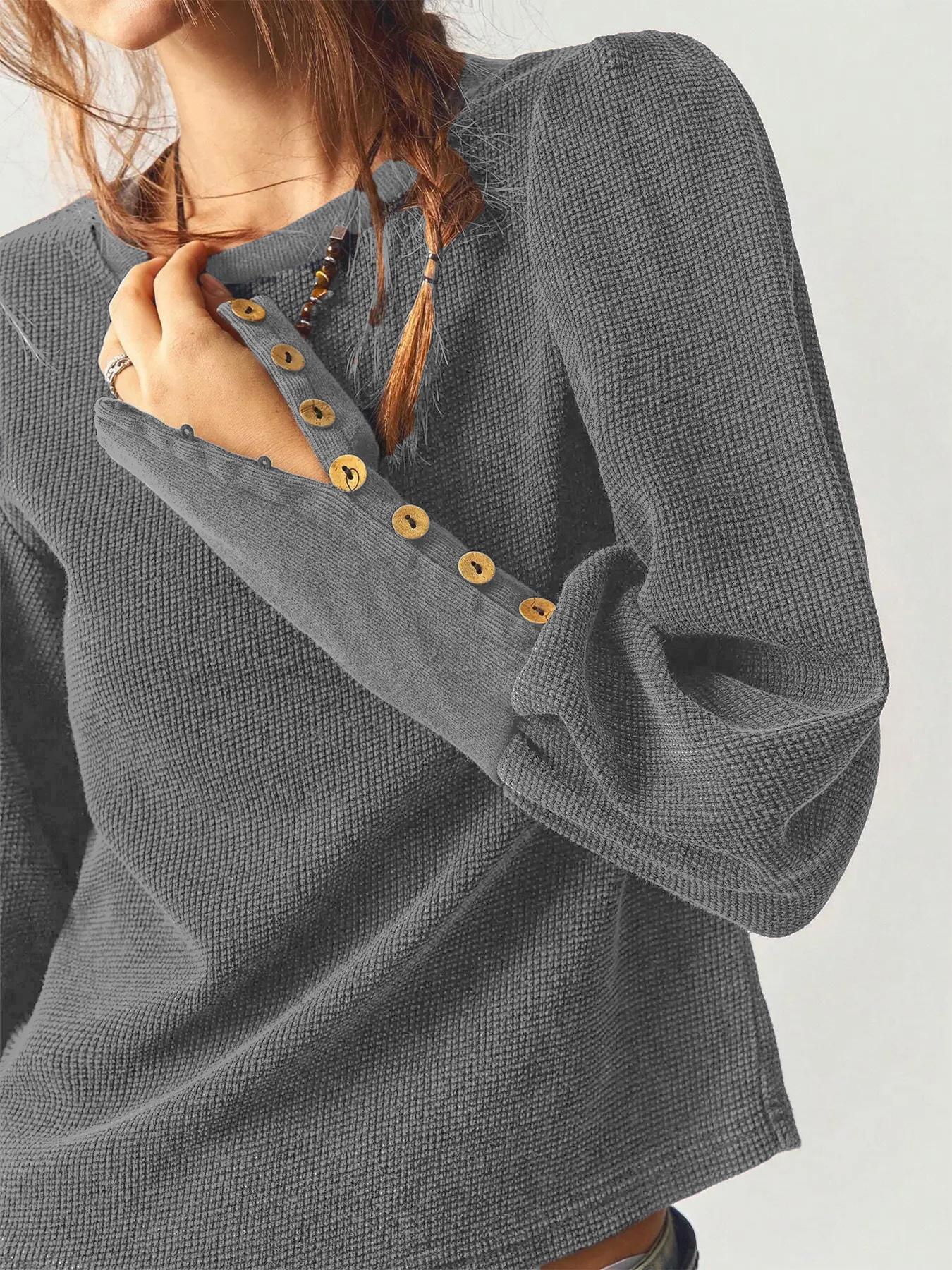 Women's Solid Color Button Decor Basic Tee, Casual Long Sleeve Round Neck Jumper T-shirt for Spring & Fall, Fashion Women's Clothes for Daily Wear, Tops