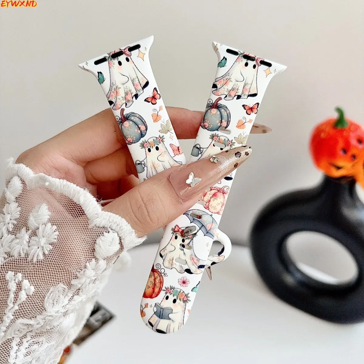 EYWXND White Cute Floral Ghost Pumpkin Butterfly Silicone Watch Band, Sweet Girly Halloween Ghost Flower Printed Soft Sport Replacement Wrist Strap Compatible with Apple Watch 38mm 40mm 41mm 42mm 44mm 45mm 49mm 46mm, Pastel Spooky Halloween Accessory for