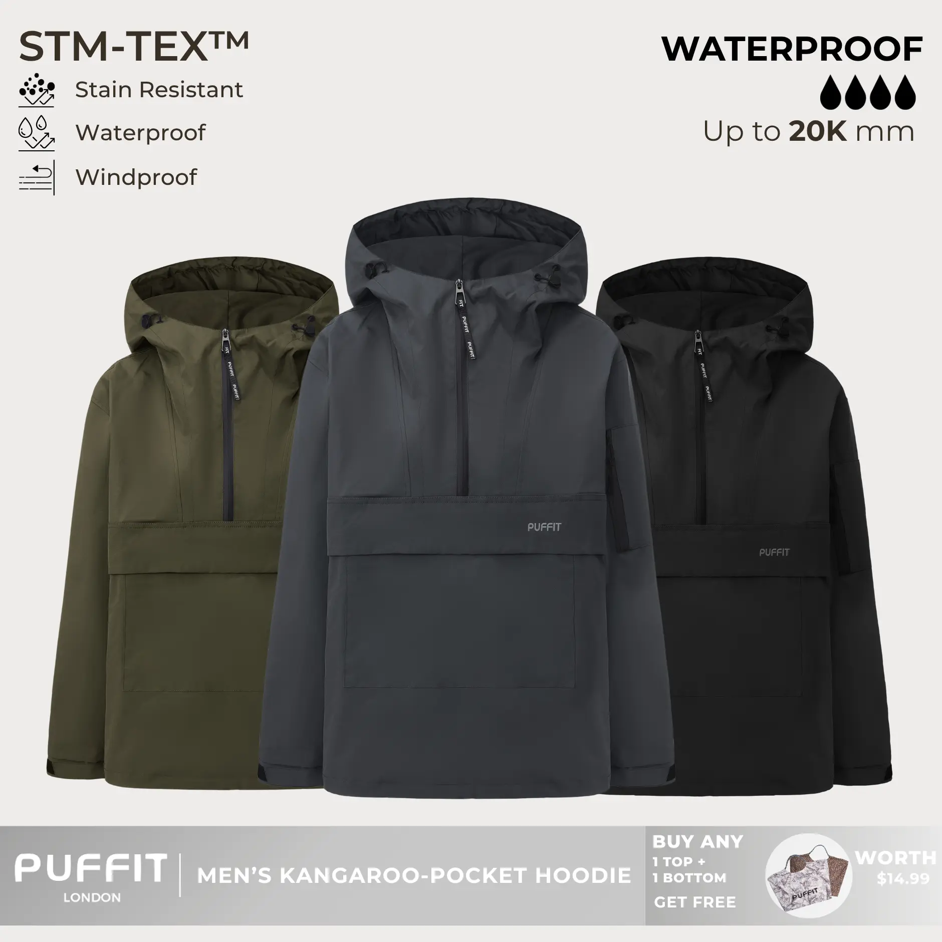 PUFFIT STM-TEX Men's Hooded Rain Jacket High-density,High-twist Fabric,Offering Waterproof,Stain-resistant,Windproof Properties,Shell Jacket,Ski Jacket,Spring Statements,Spring Jacket,Windbreaker,Dog Walking,School Running,Football Mum