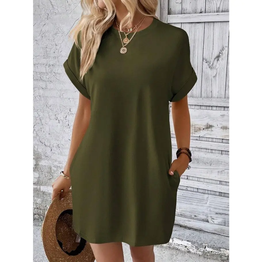 Women's Casual T-Shirt Dress Short Sleeve Crew Neck Loose Fit Tunic Dress with Pockets Spring Summer Solid Color Relaxed Sundress Comfy Plus Size Inclusive Everyday Basic Loungewear Beach Cover Up Vacation Outfit Wrinkle Resistant Lightweight