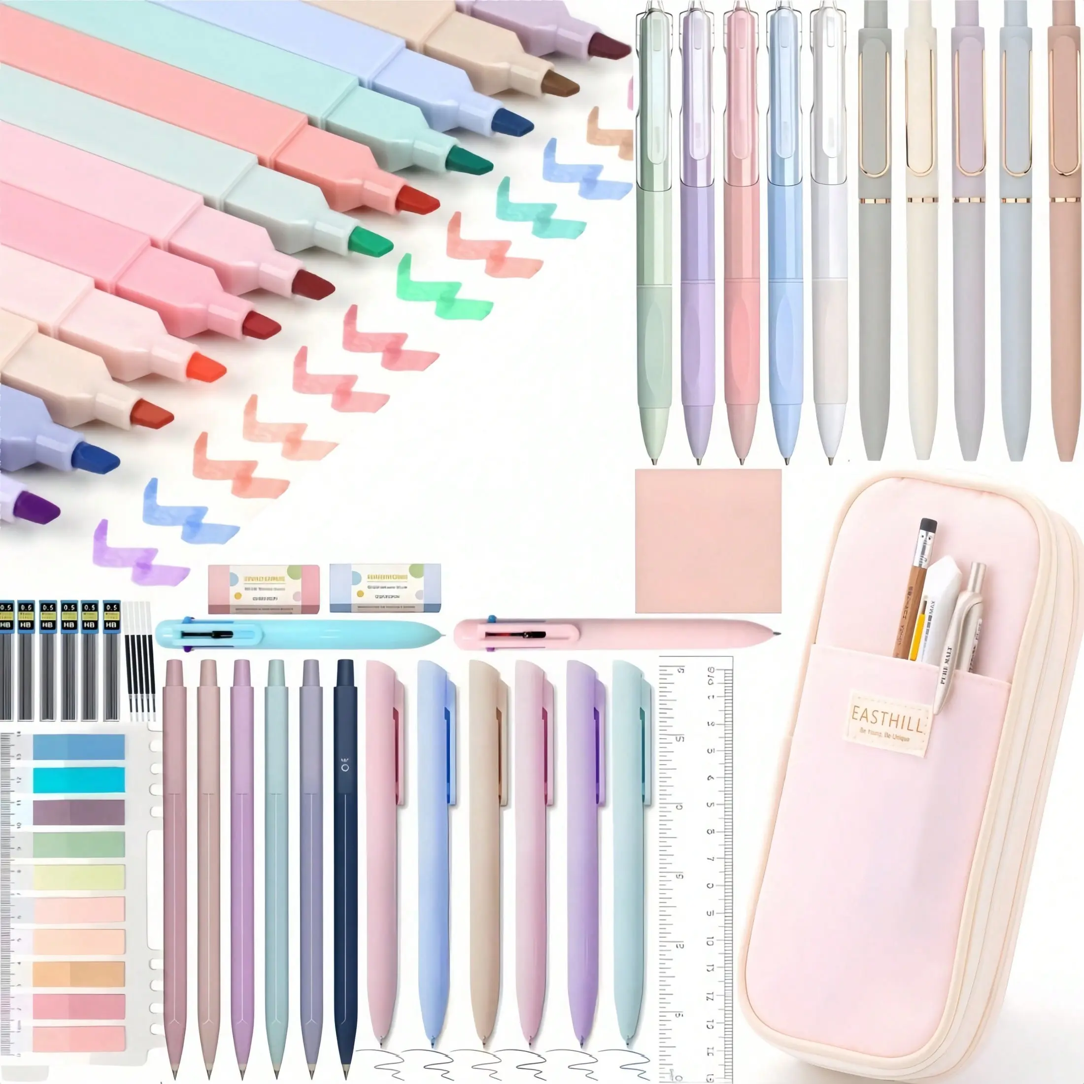 53-Piece Aesthetic Stationery Set, Includes Large Pencil Case, Gel Pen, 0.5mm Smooth Tip Mechanical Pencil, Highlighter, Sticky Notes