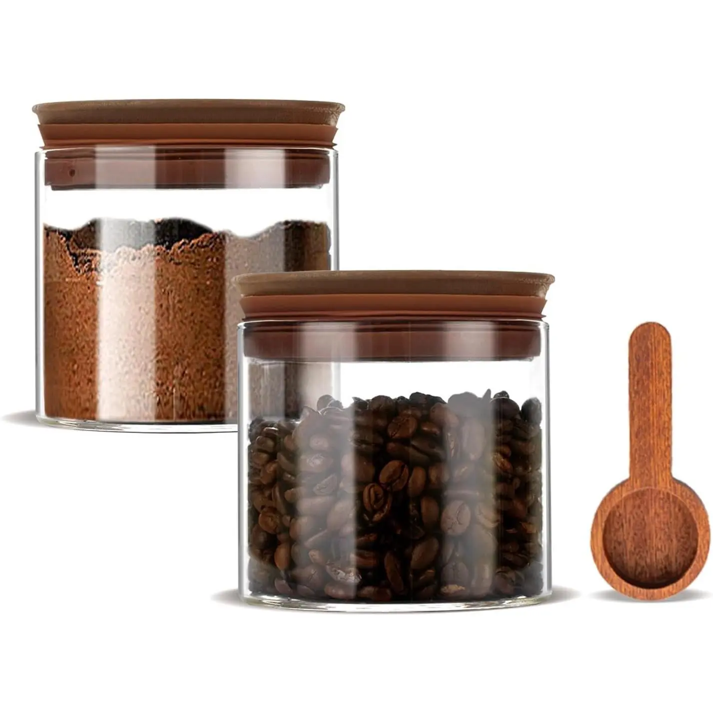 17 oz Coffee Canister with Scoop and Wooden , Airtight Glass Coffee Beans Storage Container Sets of 2 for Ground Coffee, Storge Jars for Ground Coffee Bar Cereal Snack