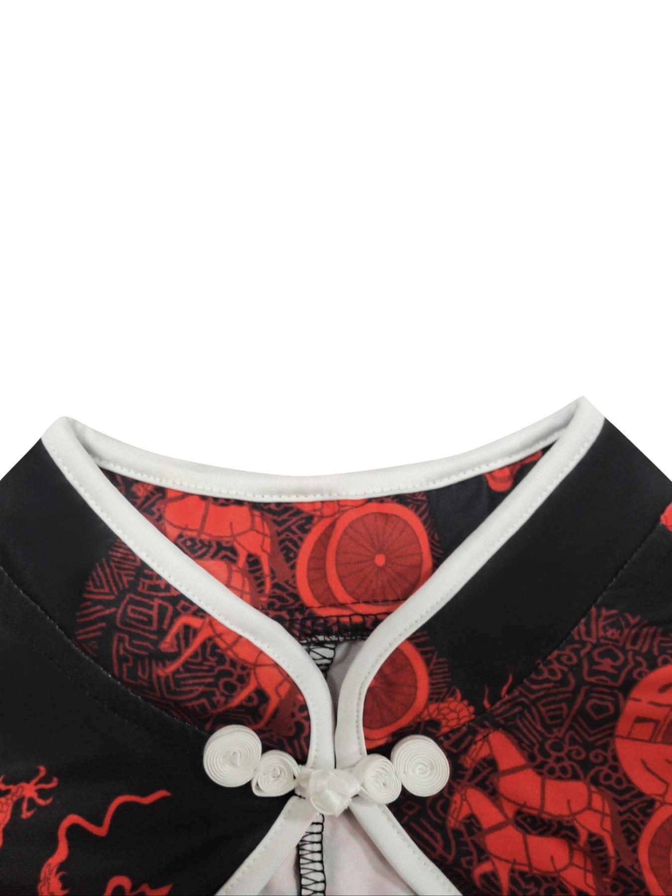 [plus Size] Ethnic Pattern Print Mandarin Collar Bodycon Dress, Short Sleeve Short Dress for Party Holiday Wedding Guest, Women's Clothes for All Seasons, Formal Dress Hides Tummy, Dresses For Wedding, Polyester Dress