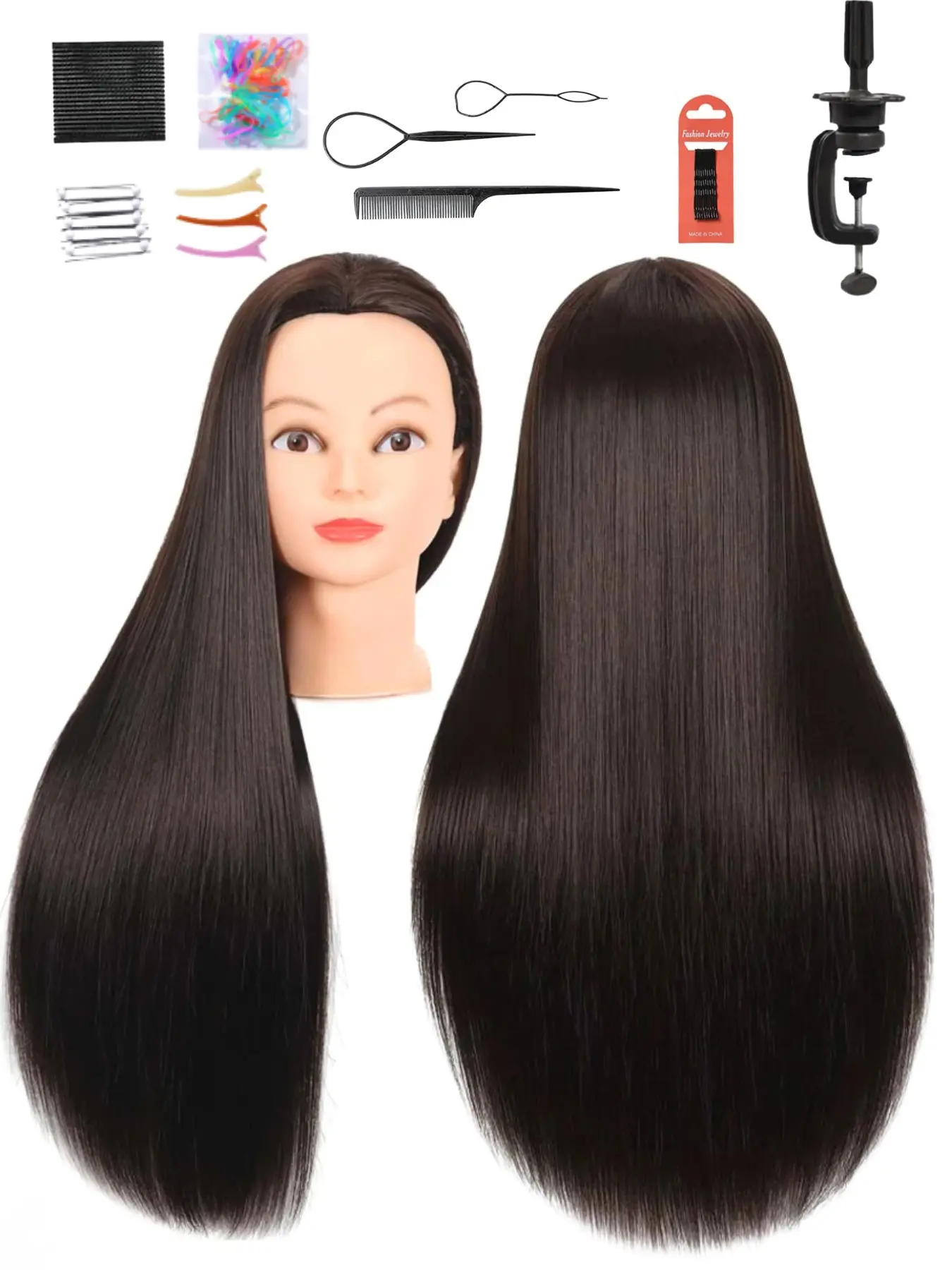 26 Inch Natural Black Synthetic Hair Mannequin Head with Clamp Stand & Full Styling Tools. Ideal training doll for braiding, cutting & styling practice, perfect for hairdressing students and DIY hairstyle beginners comes with gift box