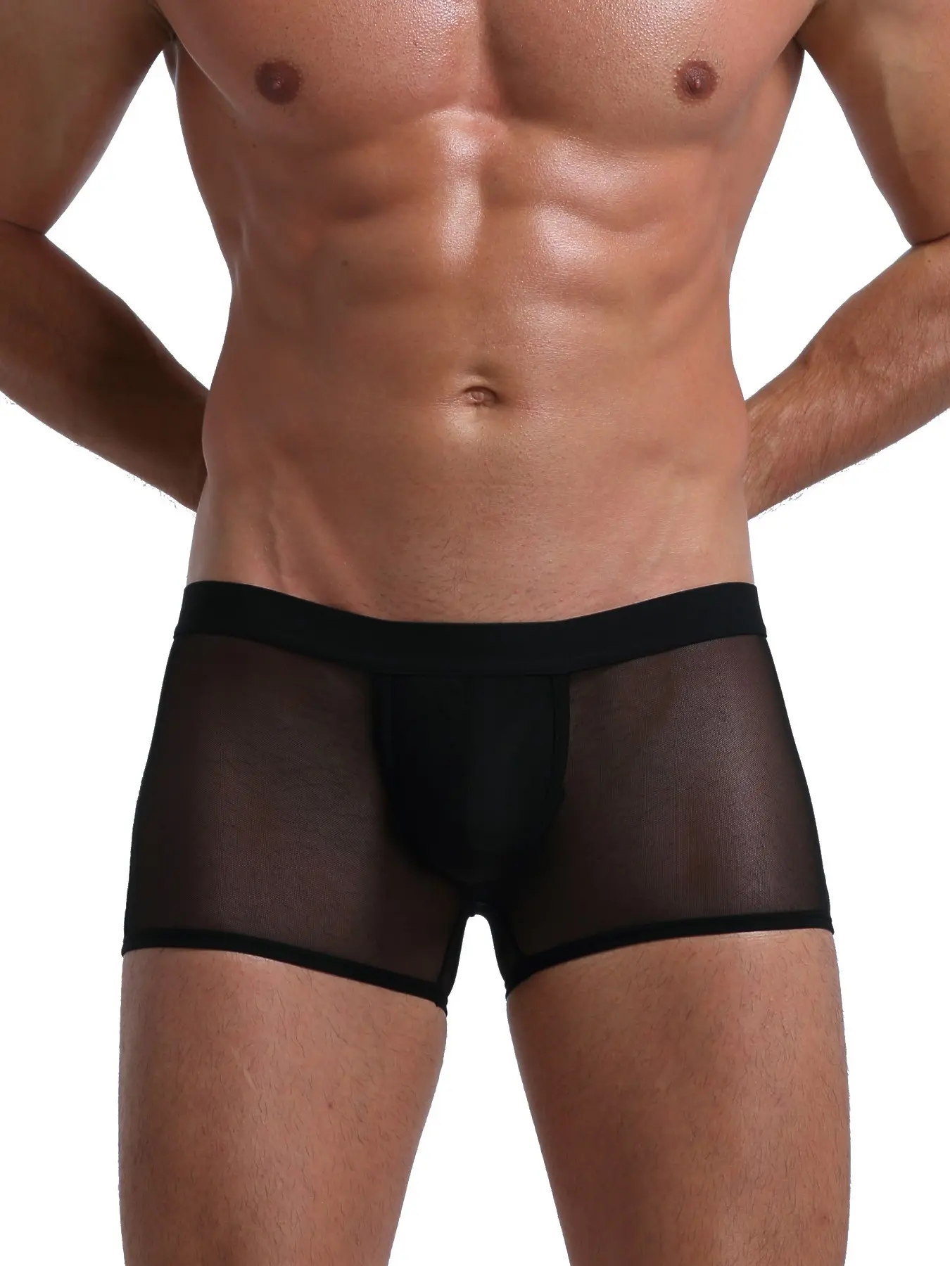1Pc Men Black Trim Mesh Boxer Briefs, Boxer Boxershorts, See-Through Thin Mesh Breathable 3D U Pouch, Low Rise Stretch Sexy Shorts, Versatile Underwear For Sports & Lounge, Multiple Colors Available