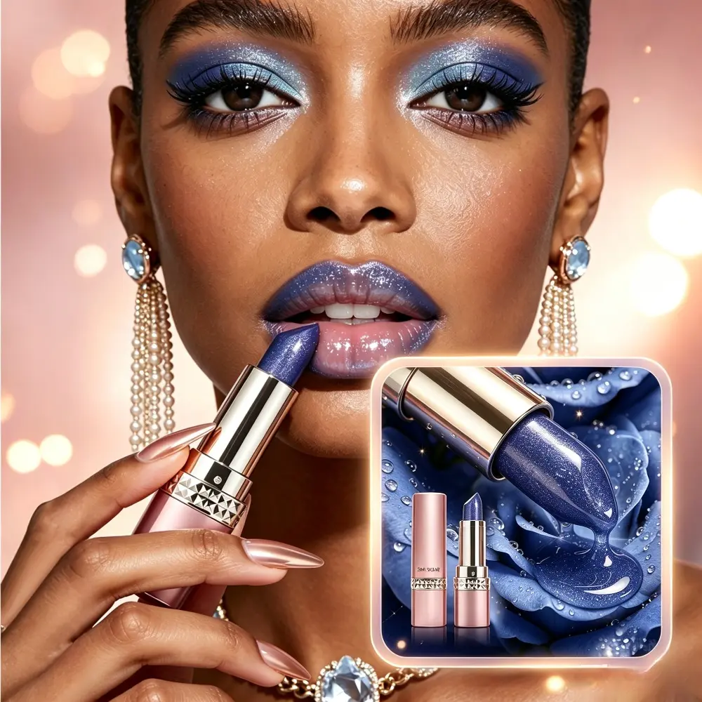 Magic Blue Color Changing Lipstick, Shimmer Metallic Glitter Glossy Balm Finish Long Lasting Waterproof Moisturizing Temperature Change Lip Cosmetic