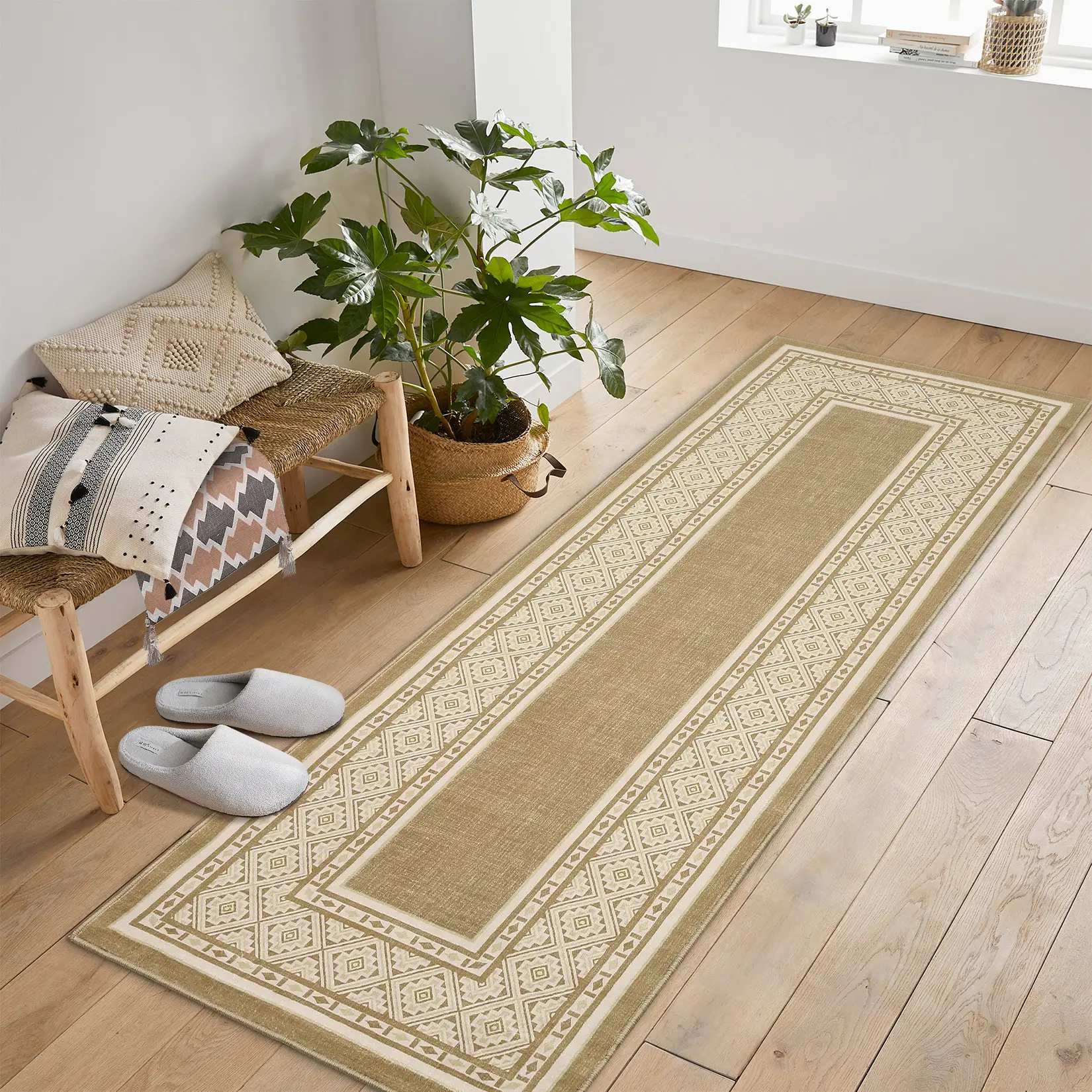 Soft Washable Geometric Area Rug for Living Room, Bedroom, Dining Room – Modern Flaxen, Non-Slip Carpet – Large 9x12ft – Linen Color, USA Spec