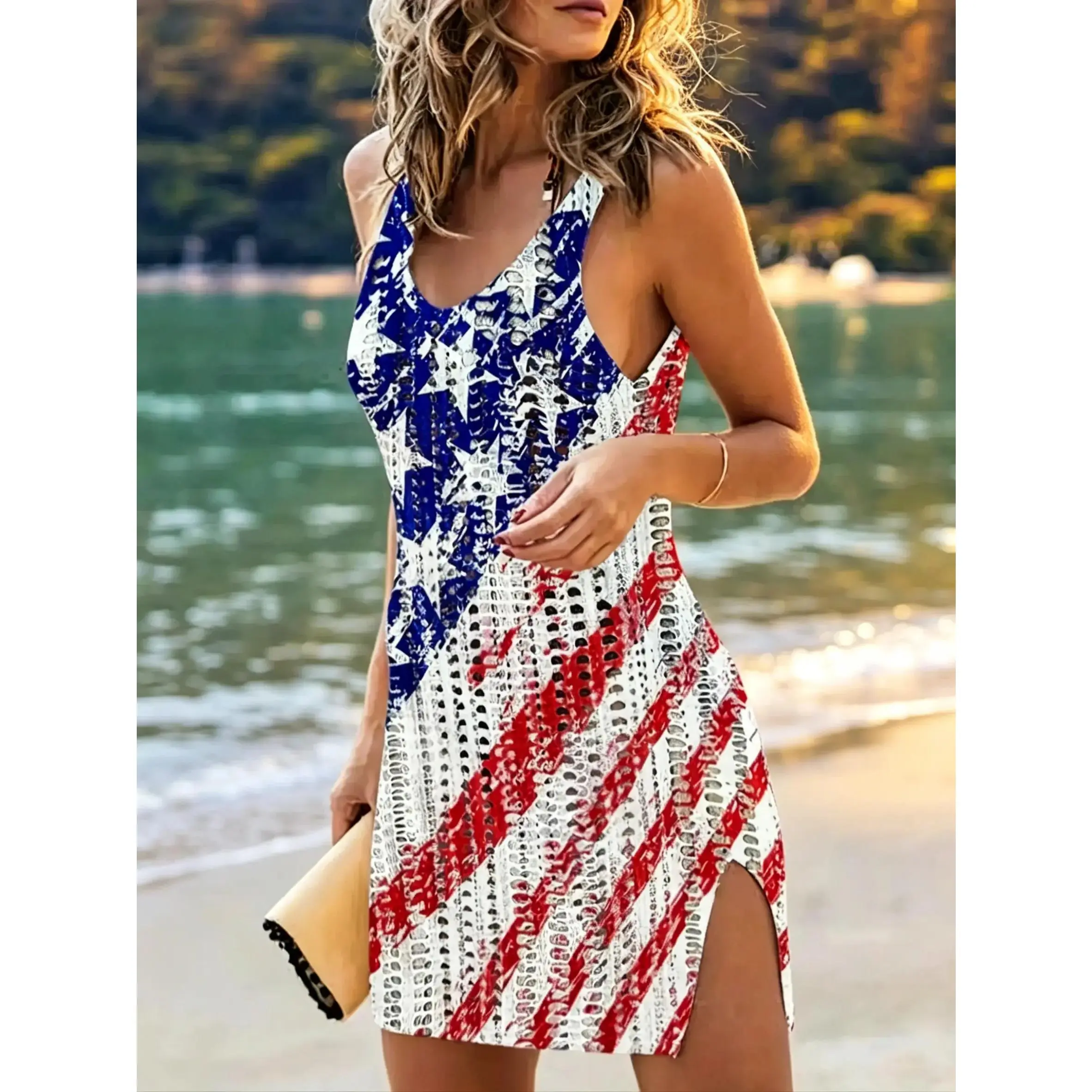 Women's American Flag Print Hollow-Out Split Thigh Scoop Neck Sleeveless A-Line Tank Dress - Standard Sizes, Casual Summer Sundress for 4th of July Independence Day Occasions