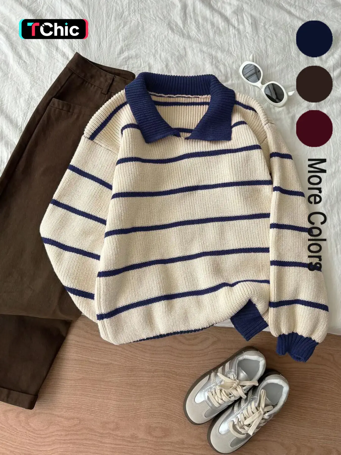 Women's Casual Striped Polo Neck Long Sleeve Knit Pullover, Fitted Spring & Fall Sweater, Unlined Campus Style Top, Comfortable Daily Wear