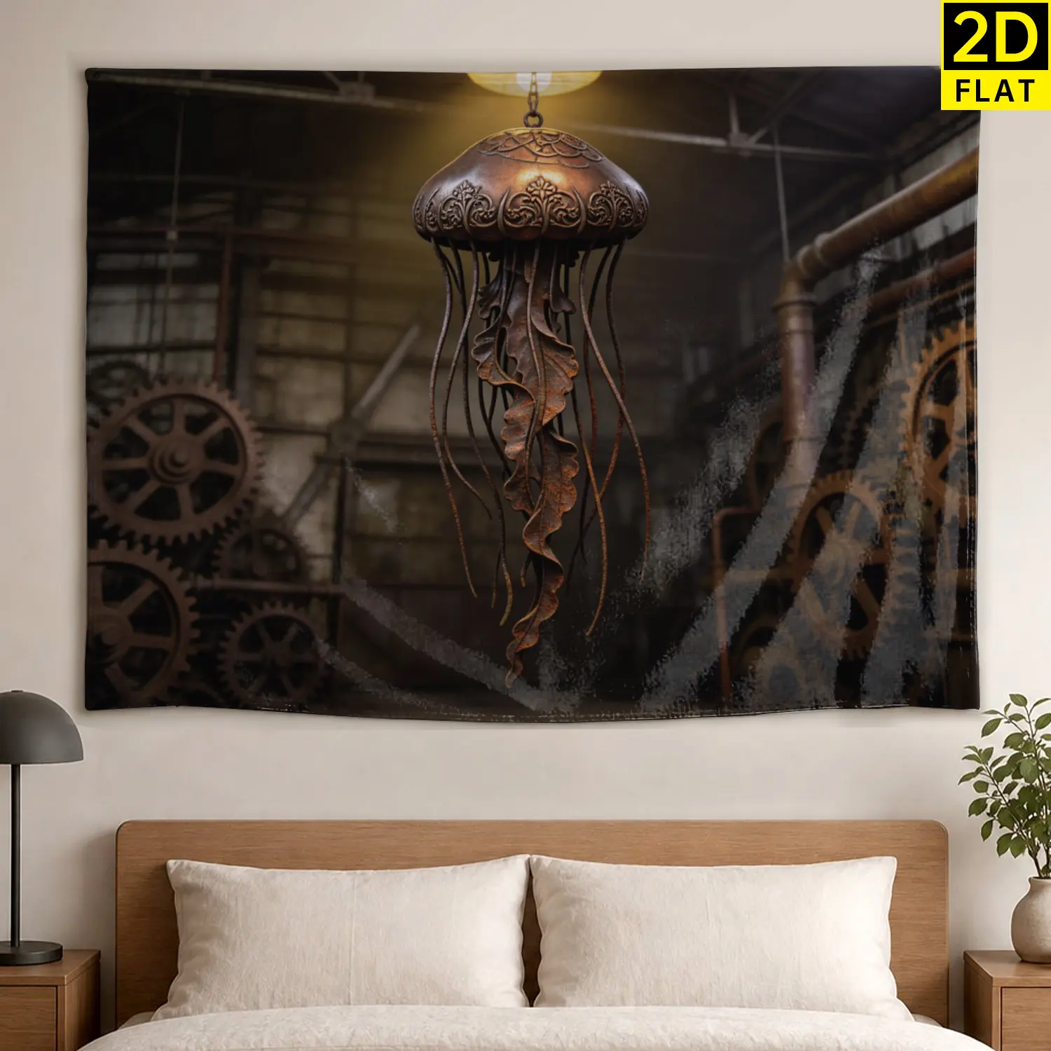 Steampunk Metal Jellyfish Wall tapestry,Large size Printed Horizontal Tapestry blanket,Polyester Fabric Wall Hanging for living room,study room,No Installation Required,Indoor,Outdoor,Gift for Family and Friends