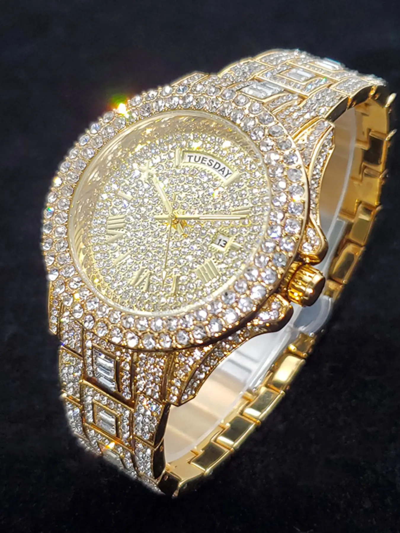 1pcs Full Diamond Quartz Men's Watch European and American Luxury Party Style Sparkling Hip Hop Decoration Week Calendar and Date Luminous Multifunctional Watch Fashion Gift Fashionable Party Watch