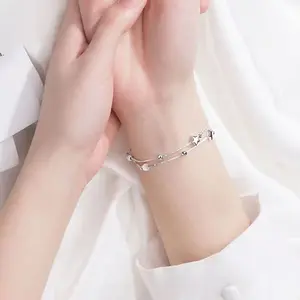 2 PCS 925 Silver Plated Double Layer Star Bracelet for Women | Minimalist Five-Pointed Star Fashion Wrist Jewelry | Dainty Best Friend Gift