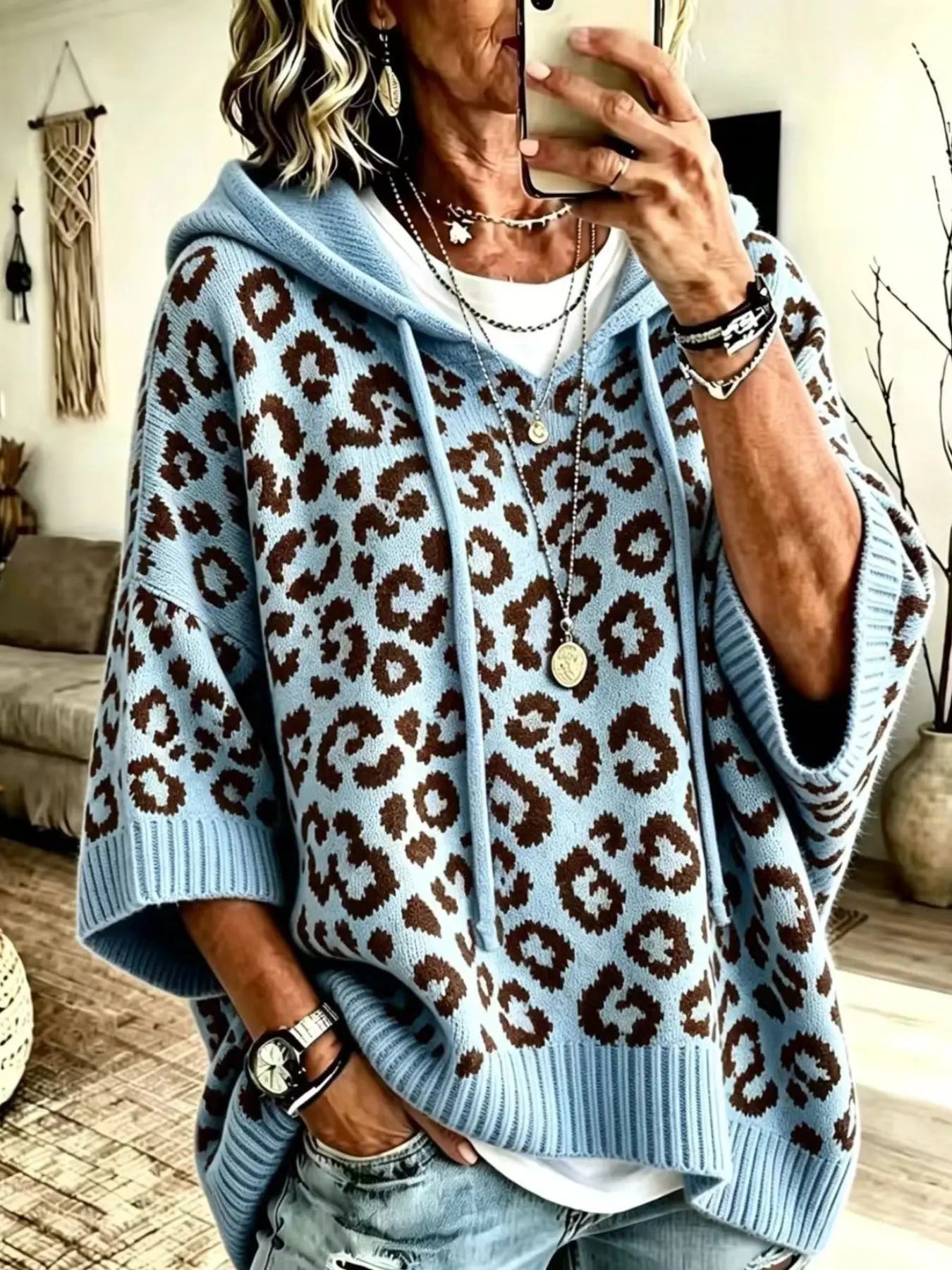 Leopard Print Hooded Knit Sweater Women, Loose-Fitting Mid- Sleeve Pullover, Casual Elegant Style, Slimming Versatile Top Sweatshirts
