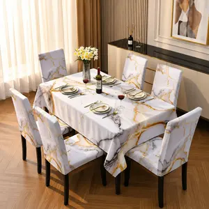 5/7 Pcs White Gold Marble Vein Print Tablecloth & Chair Cover Set, Modern Luxury Minimalist Style, Stretch Removable Washable Dining Chair Slipcover, For Family Meals, Holiday Gatherings, Dinner Party & Household Table Decor