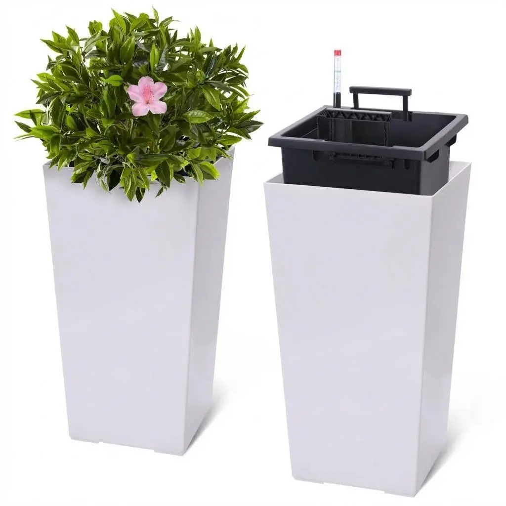 22.5" Self Watering Tall Planters Set of 2, Modern Elegant Flower Pot with Automatic Water Absorbing Function, Plant Pots with Water Level Indicator and Drainage Holes for Indoor & Outdoor Use