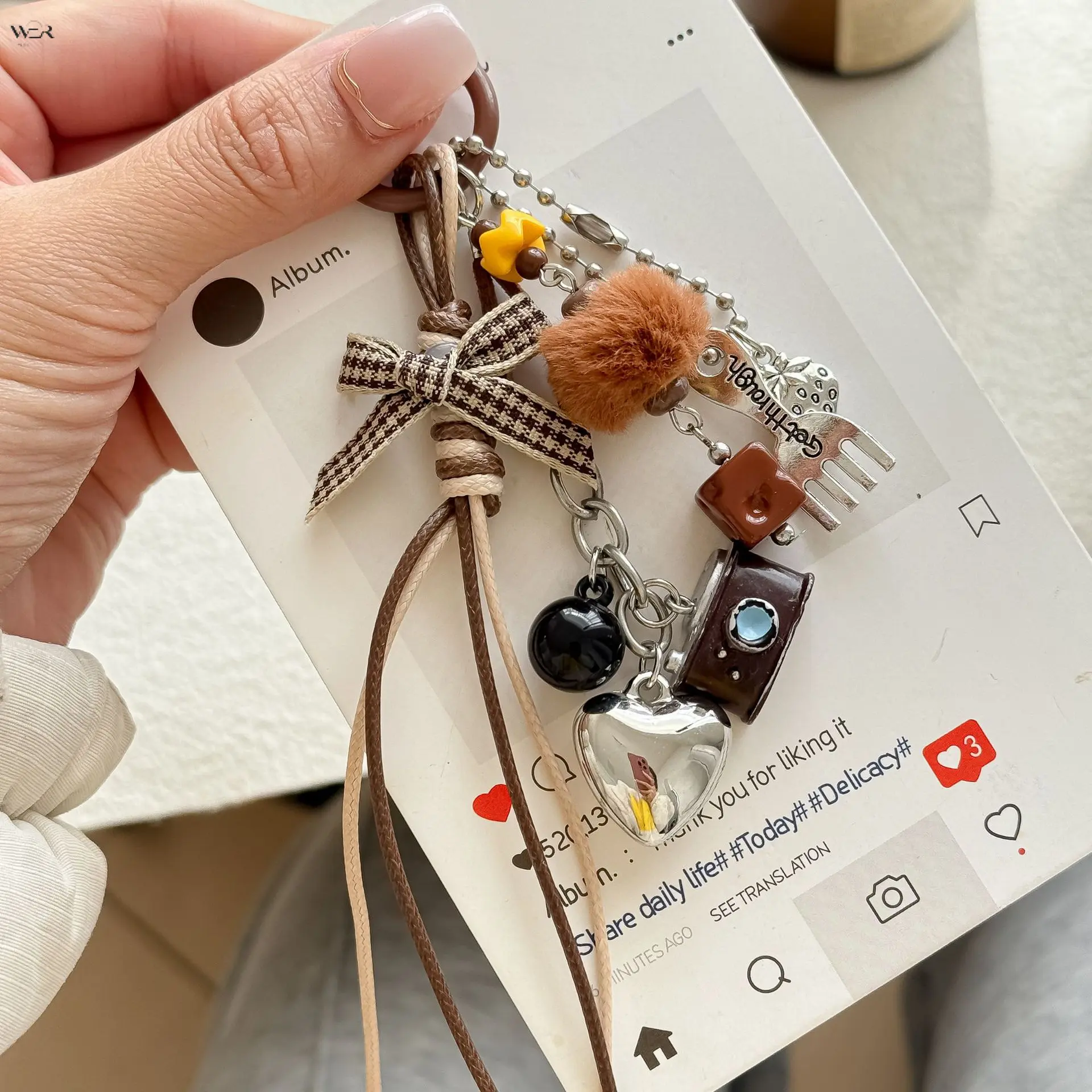 Vintage Brown Coffee-Themed Multi-Charm Keychain with Retro Camera, Fork, Heart Motif, Plush Pom-Pom, Houndstooth Bow & Resin Charm - Decorative Bag Pendant Key Ring, Birthday Gift Ideas for Teen Girls