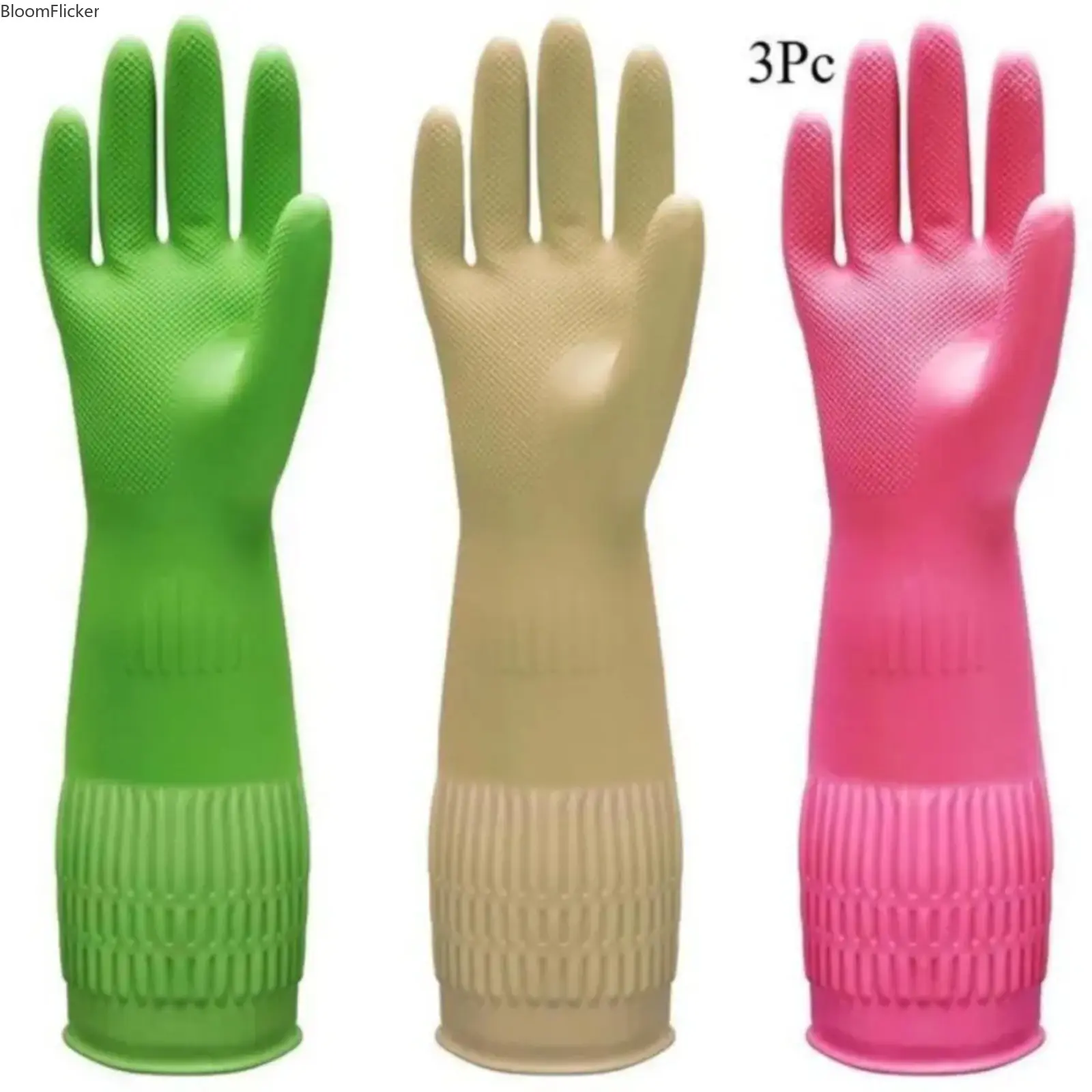 3 Pcs XL Rubber Cleaning Gloves, 15 Inch Long Cuff Dishwashing Gloves With Non-Slip Textured Grip, Sturdy Reusable Protective Gloves For Kitchen & Household Cleaning