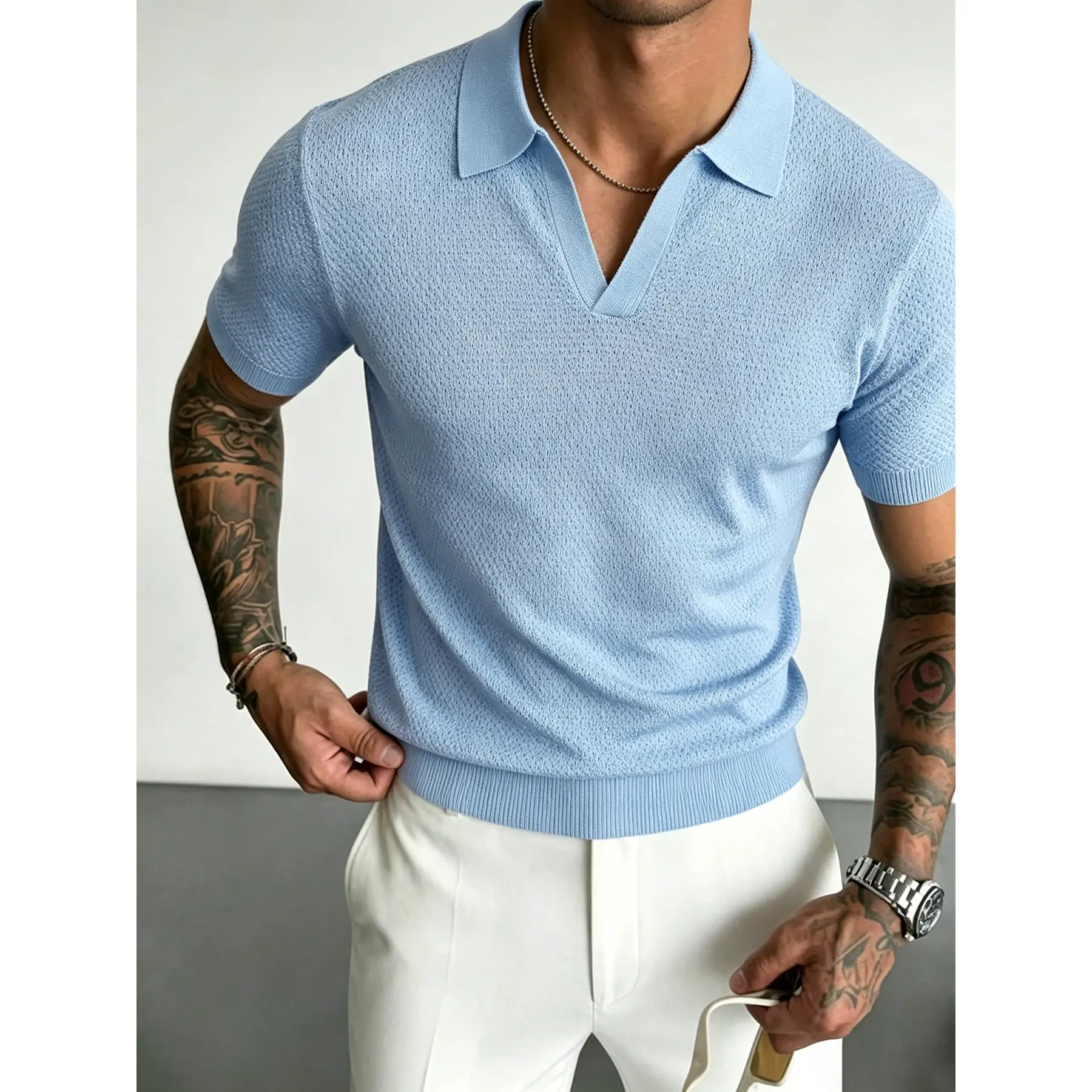 Lightweight perforated knit polo tee featuring clean V-neck lapel design and neat ribbed cuffs & hem, soft skin-friendly fabric versatile piece for polished smart casual urban mensfashion styling