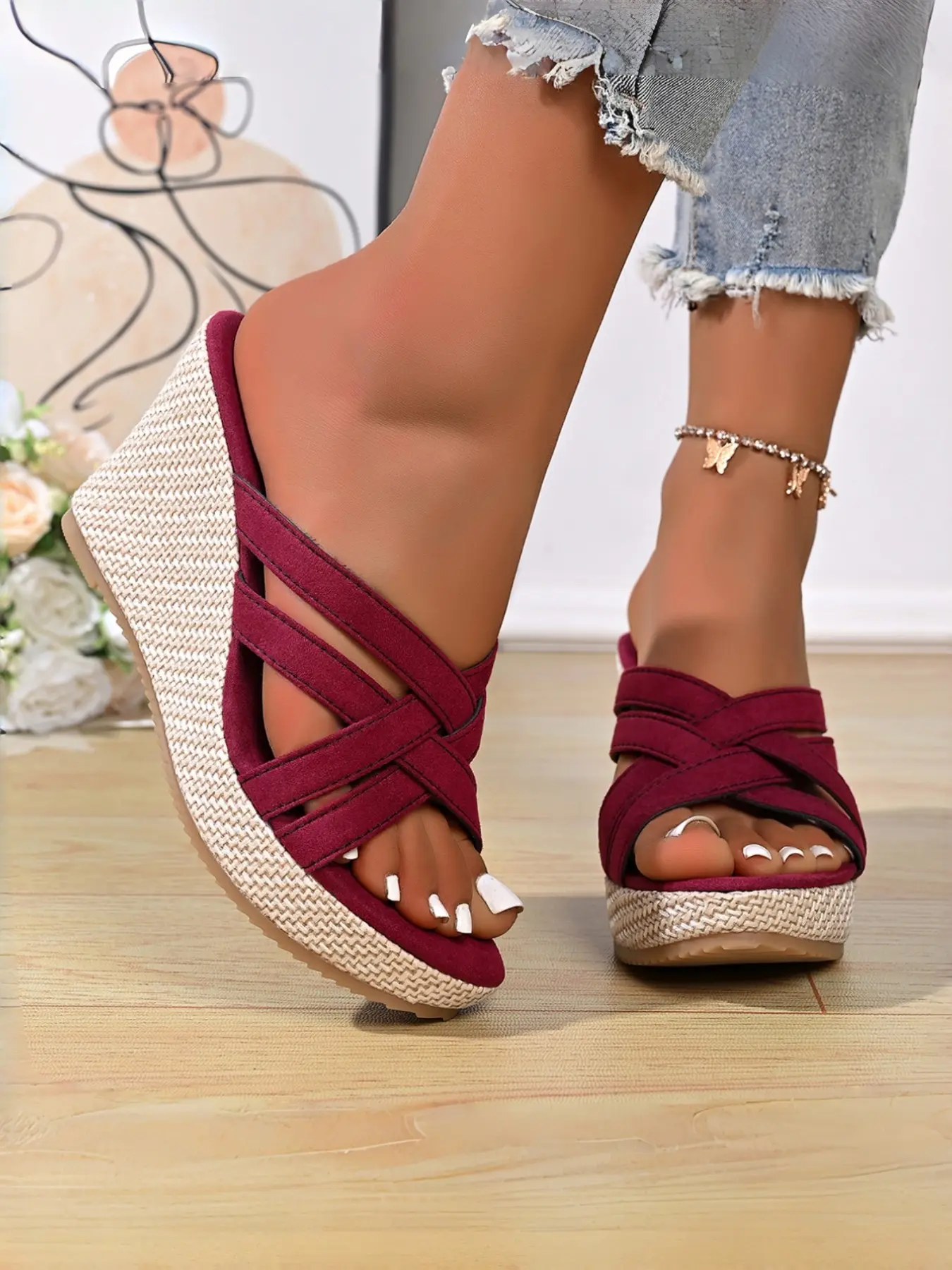 Women’s Espadrille Wedge Sandals, Cross Strap Open Toe Platform Slides, Casual Summer Vacation Dressy Shoes, Espadrilles Platform Sandals