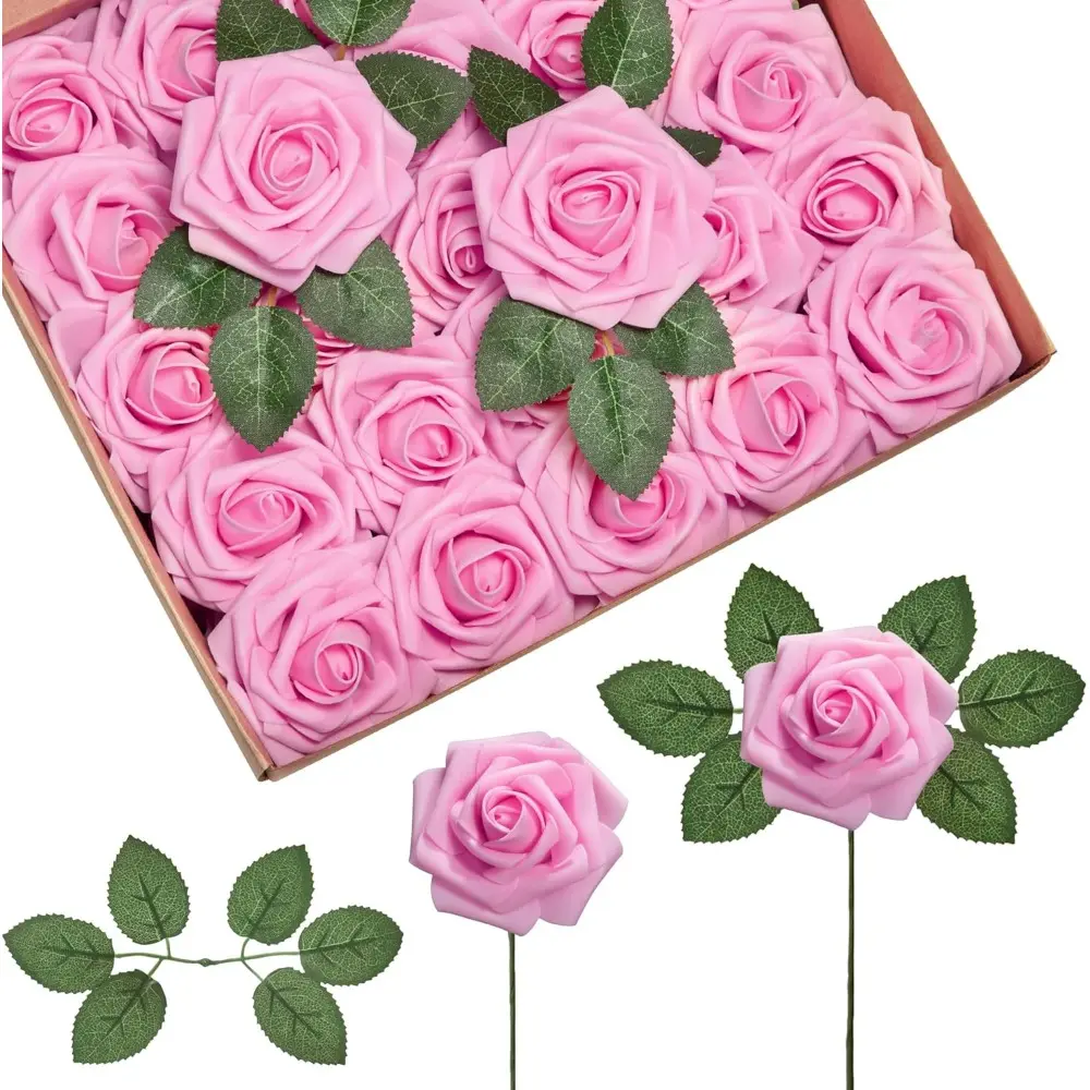 Artificial Rose Flowers, 50 Pcs Pink Foam Fake Roses Bulk with Stems for Decoration DIY Wedding Bouquets Centerpieces Bridal Shower Party Valentines Christmas Tree Floral Decor