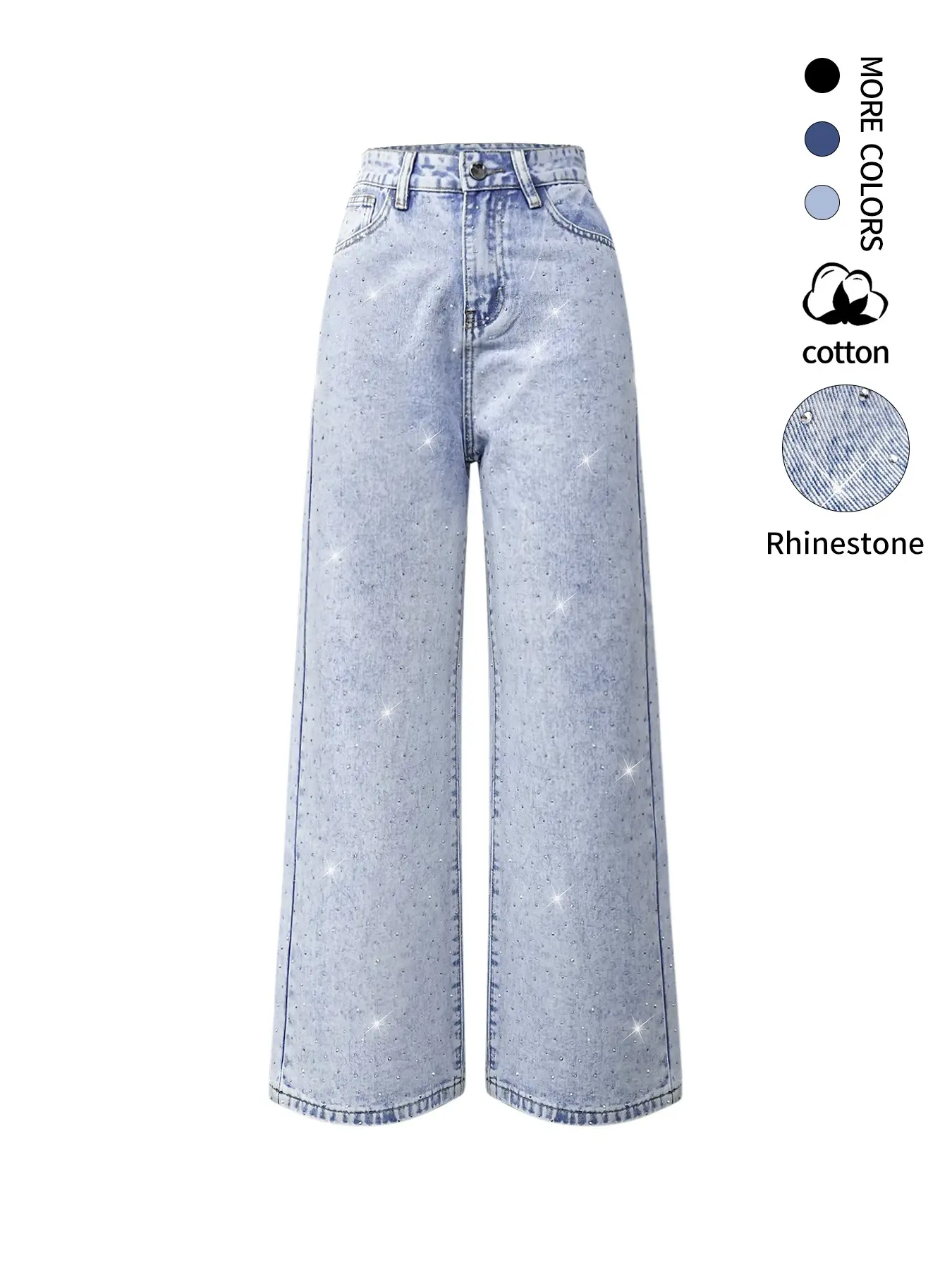 Y2K Light Blue Washed Full Rhinestone Wide Leg Jeans, Trendy Millennial Bright Rhinestone Micro Flare Jeans, Casual Street Fashion High Waist Loose Jeans