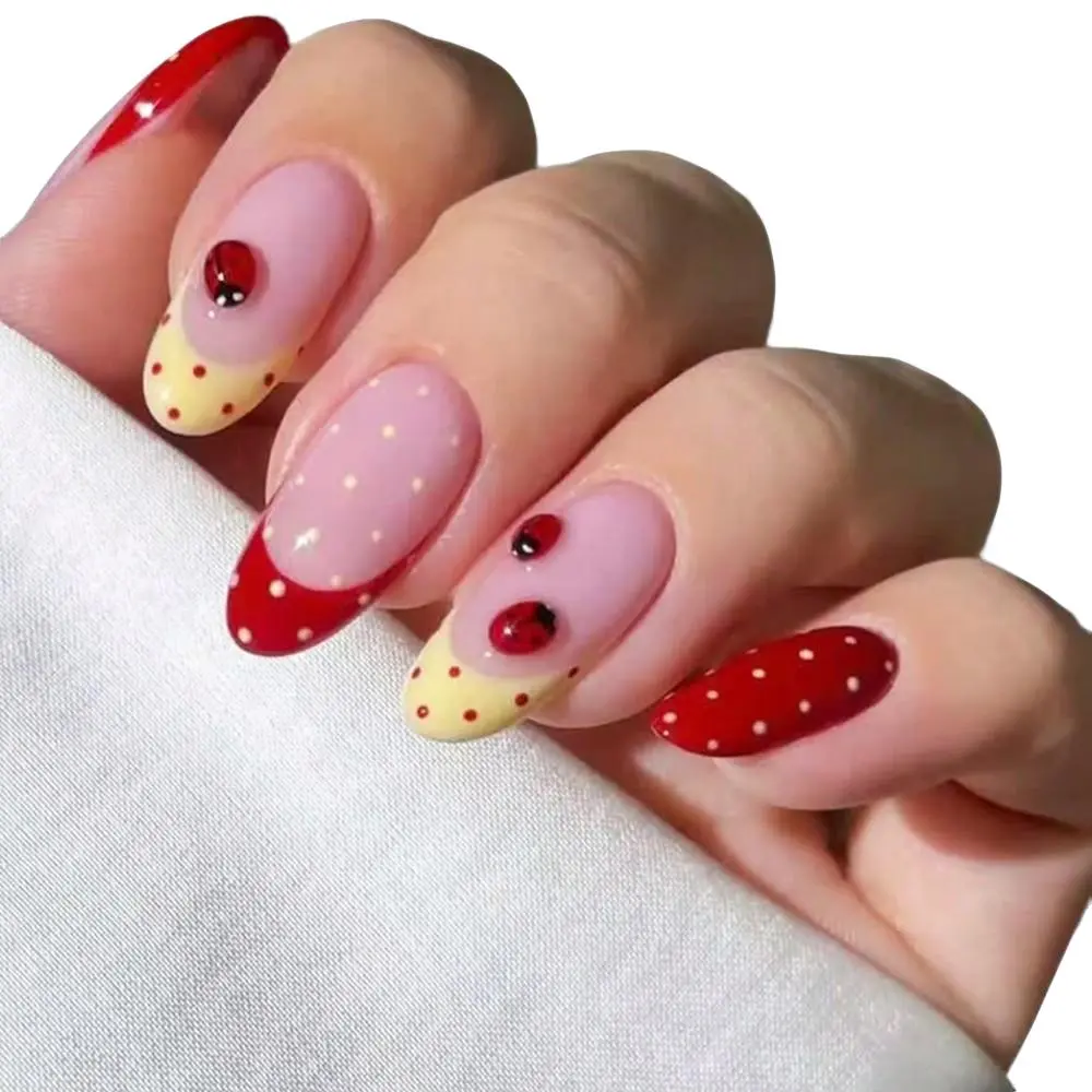 3D Ladybug Polka Dot French Nails, Almond Shape Press-On Nails, 24 Pcs Cute False Nails for Daily, Date, Picnic, Party
