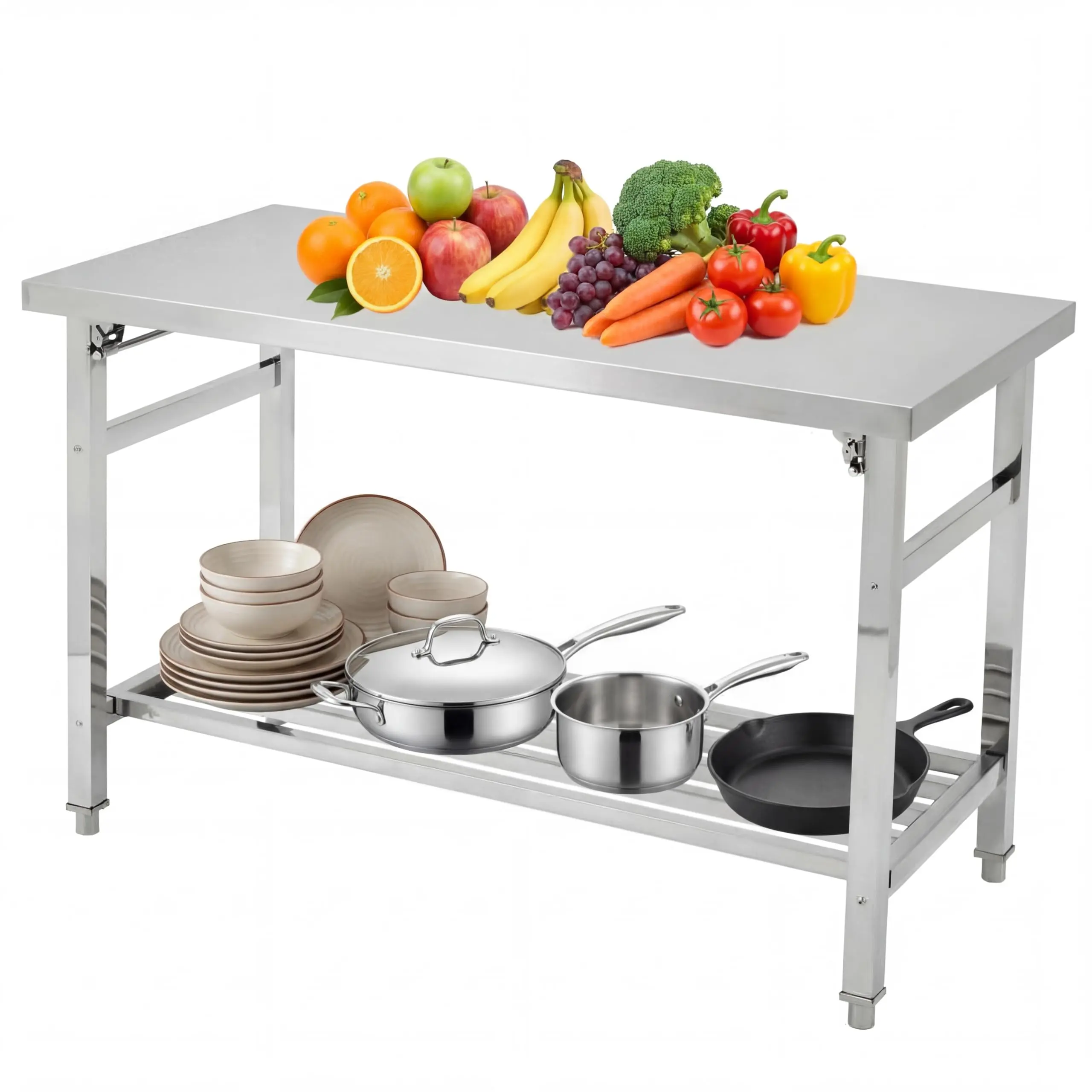 48"/60" Stainless Steel Folding Kitchen Prep Table, Heavy Duty Commercial Work Table with Adjustable Undershelf for Restaurant, Kitchen