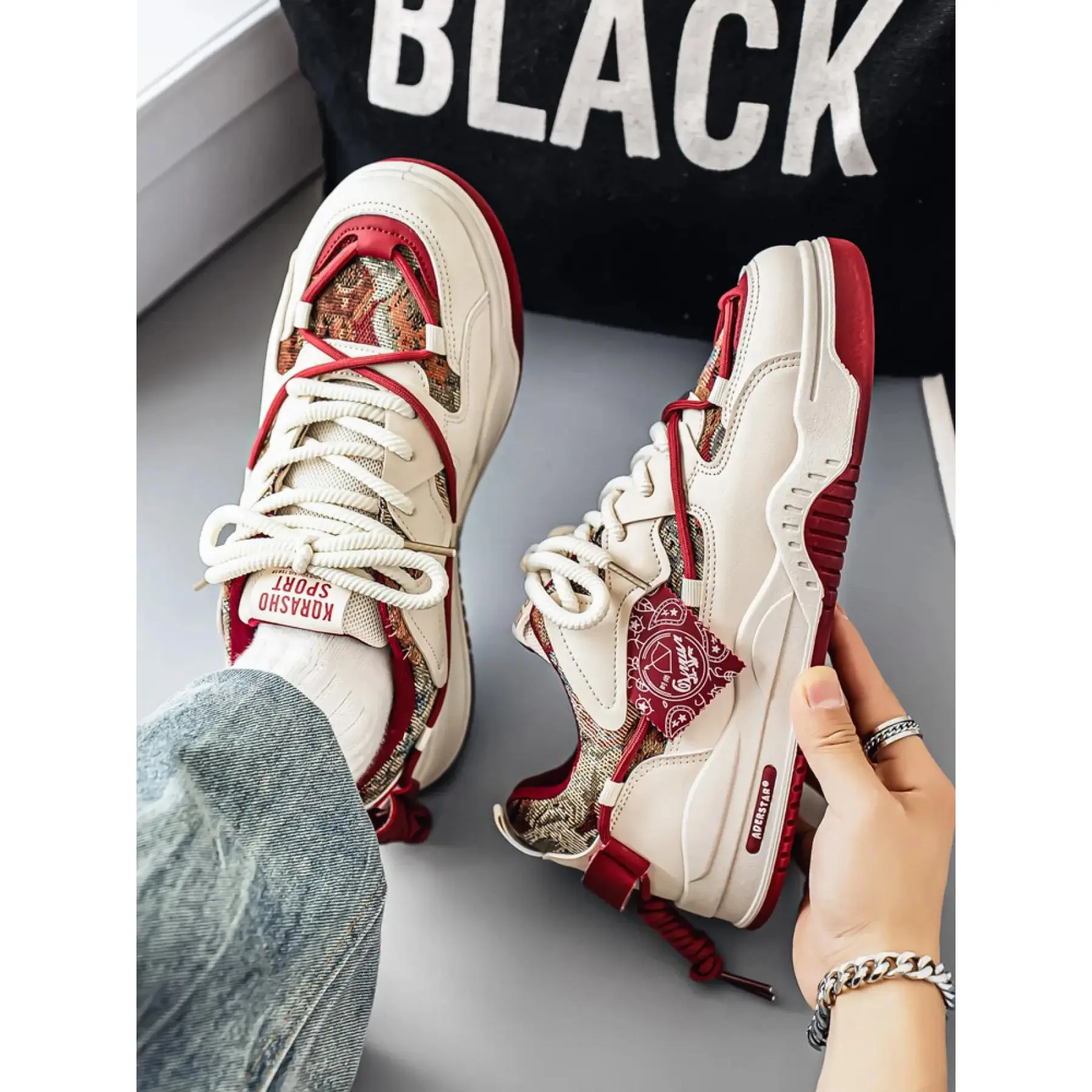YYW1 Men's Vintage Jacquard Panel Color Block Casual Trainers - Breathable Upper, Comfortable Thick Sole, Daily Wear Sneakers