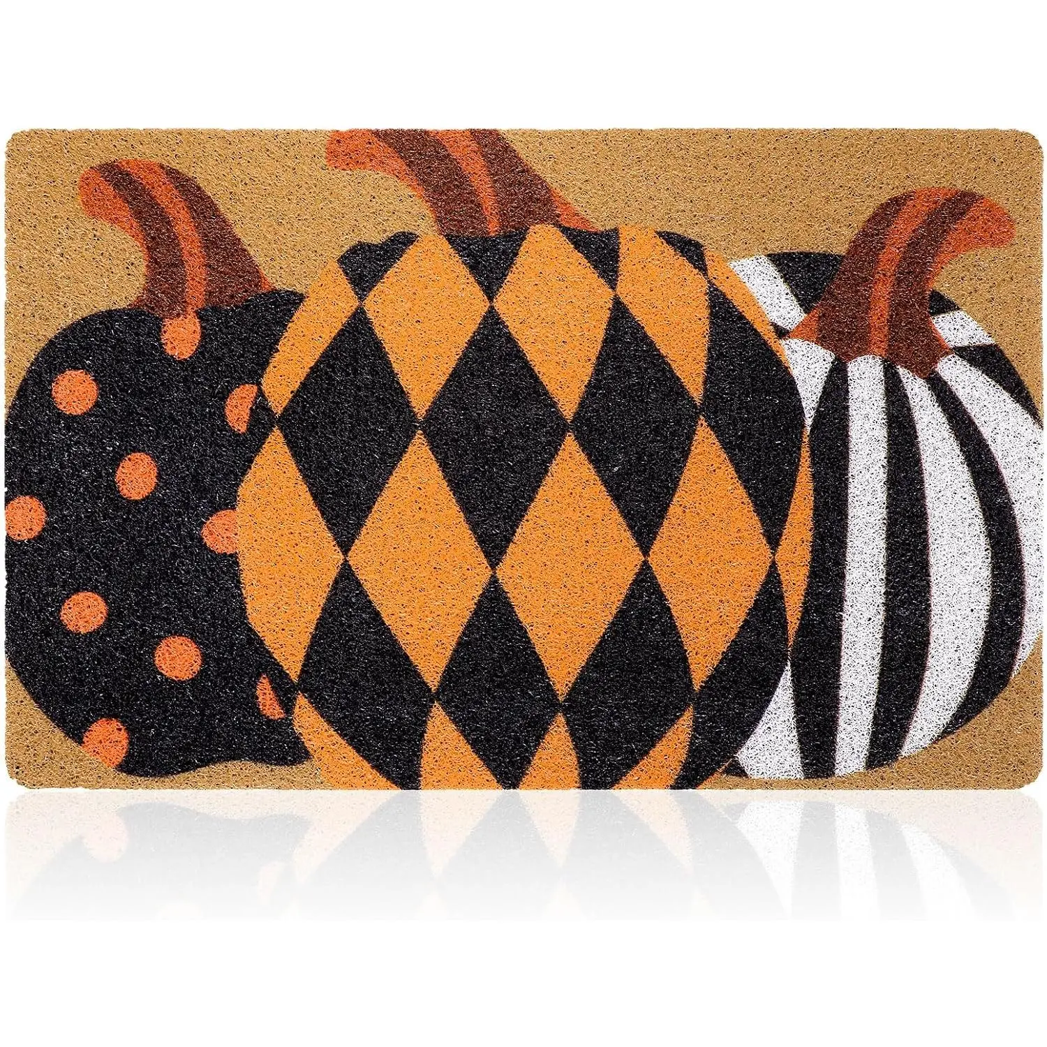 Orange & Black Plaid Pumpkin Rectangle Door Mat - Coir Texture Imitation, Non-Slip Backing, Front Door Indoor Entrance Porch Decor for Fall Autumn Thanksgiving Farmhouse
