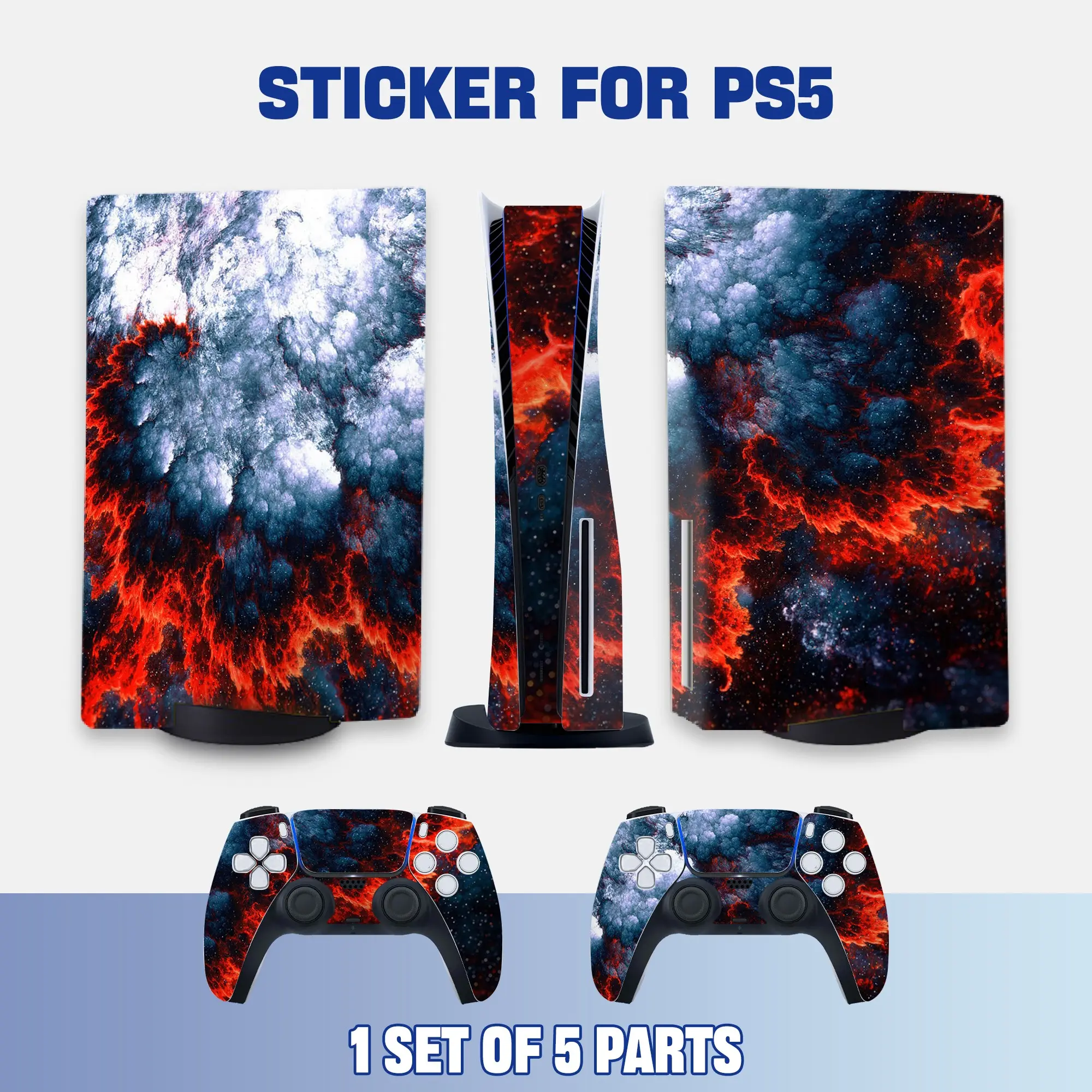 Red & Blue Vibrant Cosmic Nebula Style PS5 Disc Edition Vinyl Skin Sticker for Console & Controllers, Waterproof, Scratch-Resistant, Dustproof, Removable & No Residue