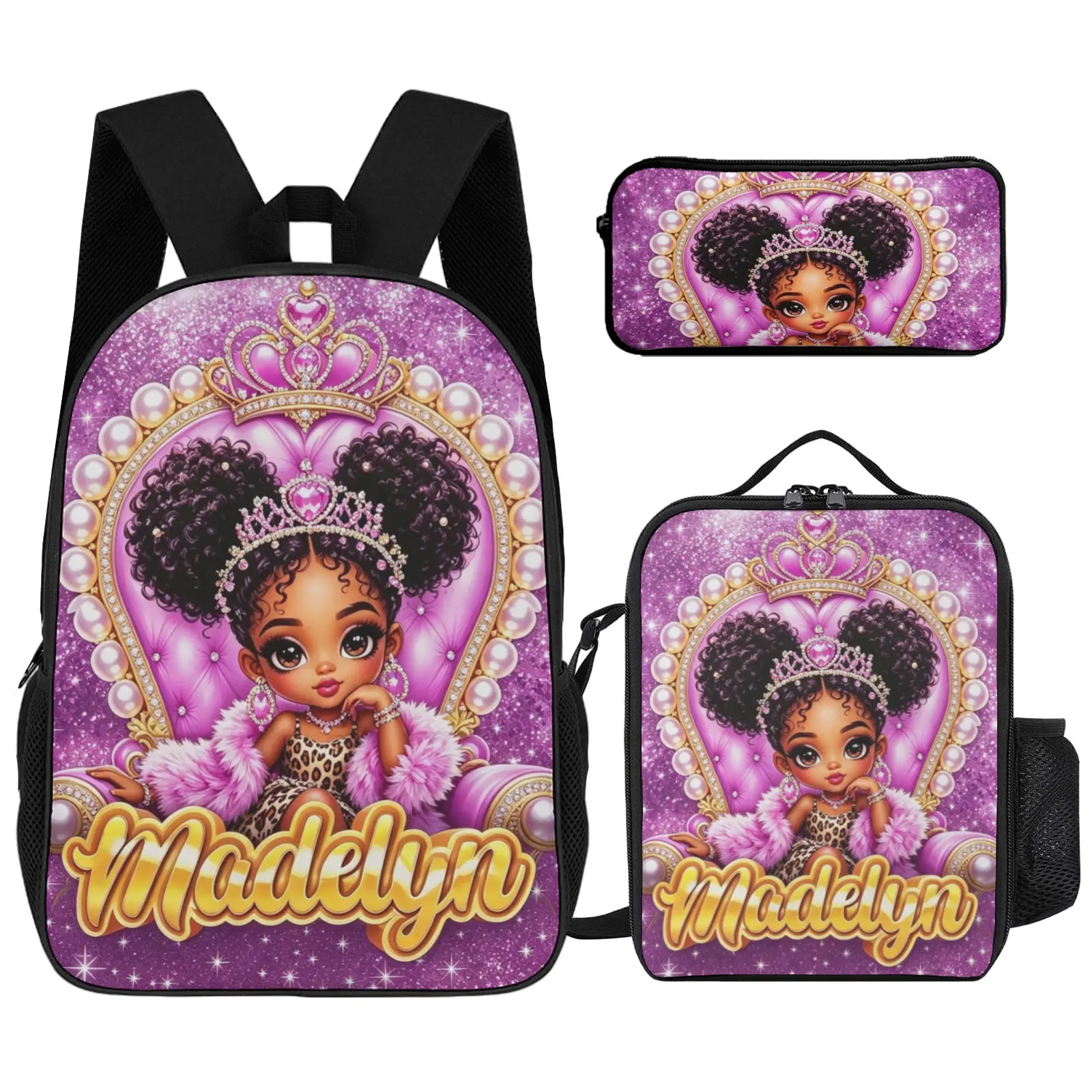 Lightweight 3-Piece Girls' Princess Backpack Set, Personalized Printed Name School Daypack, Lunch Tote & Pencil Pouch for Preschool Students, Back to School Birthday Gift, Set Pack