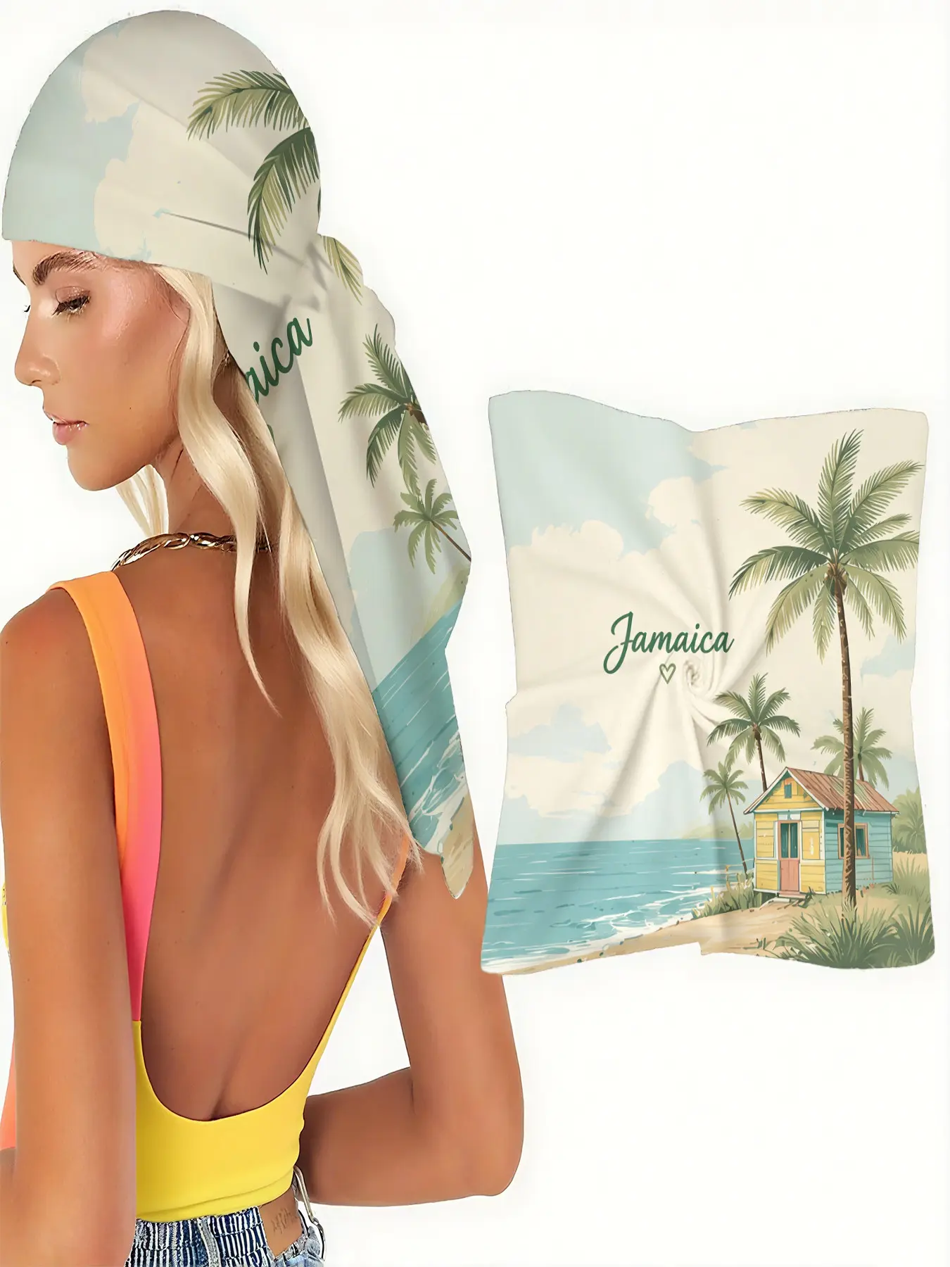 【Jamaica Culture】Scarf Shawl Wrap with Tropical Beach Scene, Palm Trees, Colorful Cottage & "Jamaica" Script – Perfect for Caribbean Resort Wear, Island Vacations, Reggae Festivals, Coastal Getaways and Tropical Summer Celebrations
