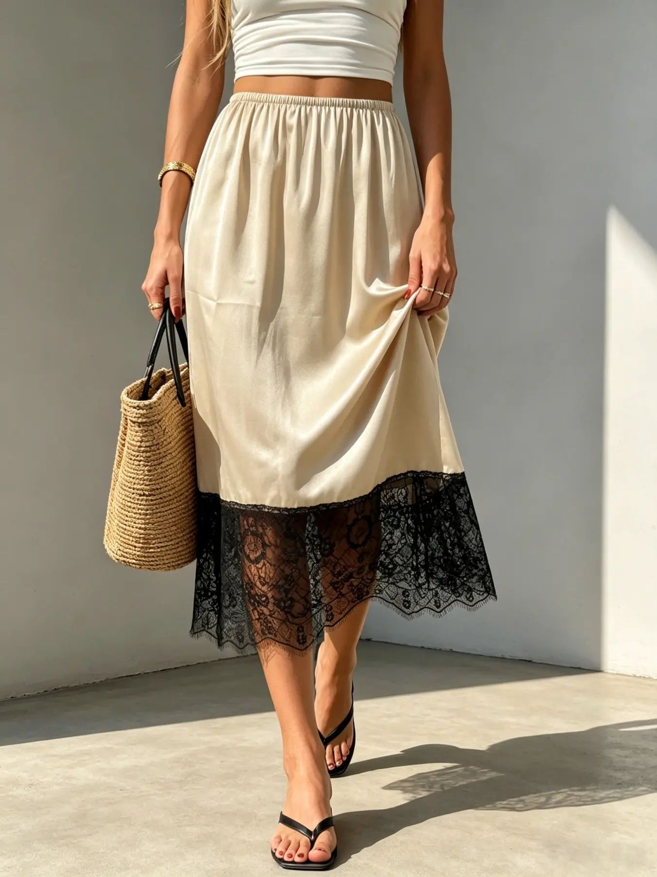 Elastic Waist Satin Midi Skirt Women, Chic Black Floral Lace Hem Splicing Straight Casual Skirt Champagne Silk Satin Mid Skirt Sheer Lace Trim High Waist Loose Daily Midi Skirt Vintage Satin Slip Midi Skirt Black Lace Hem Split Holiday